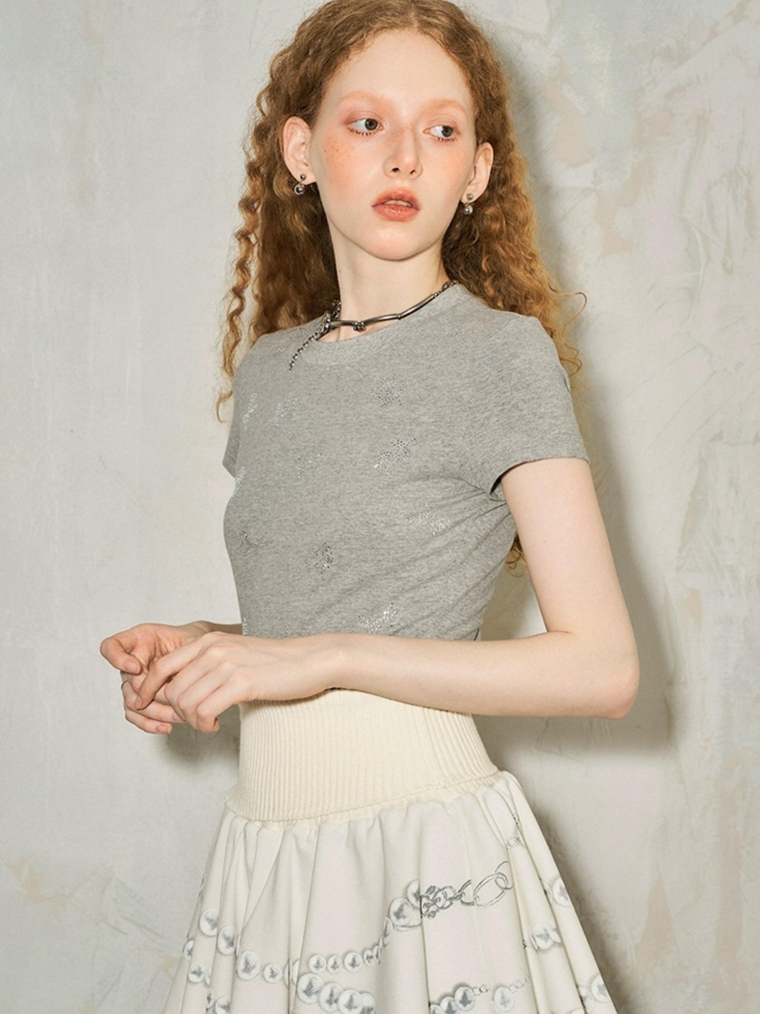 DIDDI MODA Pearl Necklace Print Knitted Pleated Skirt
