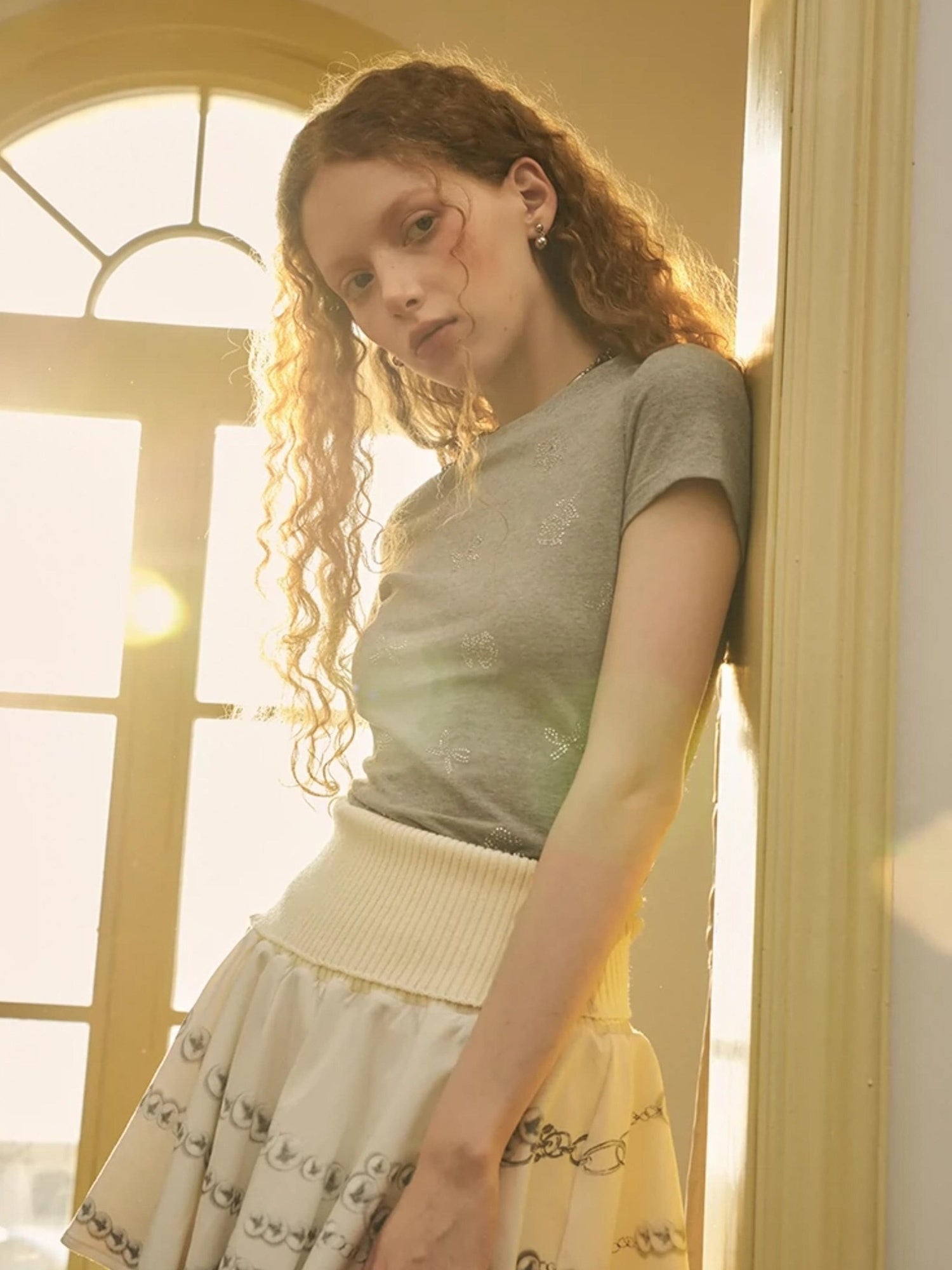 DIDDI MODA Pearl Necklace Print Knitted Pleated Skirt