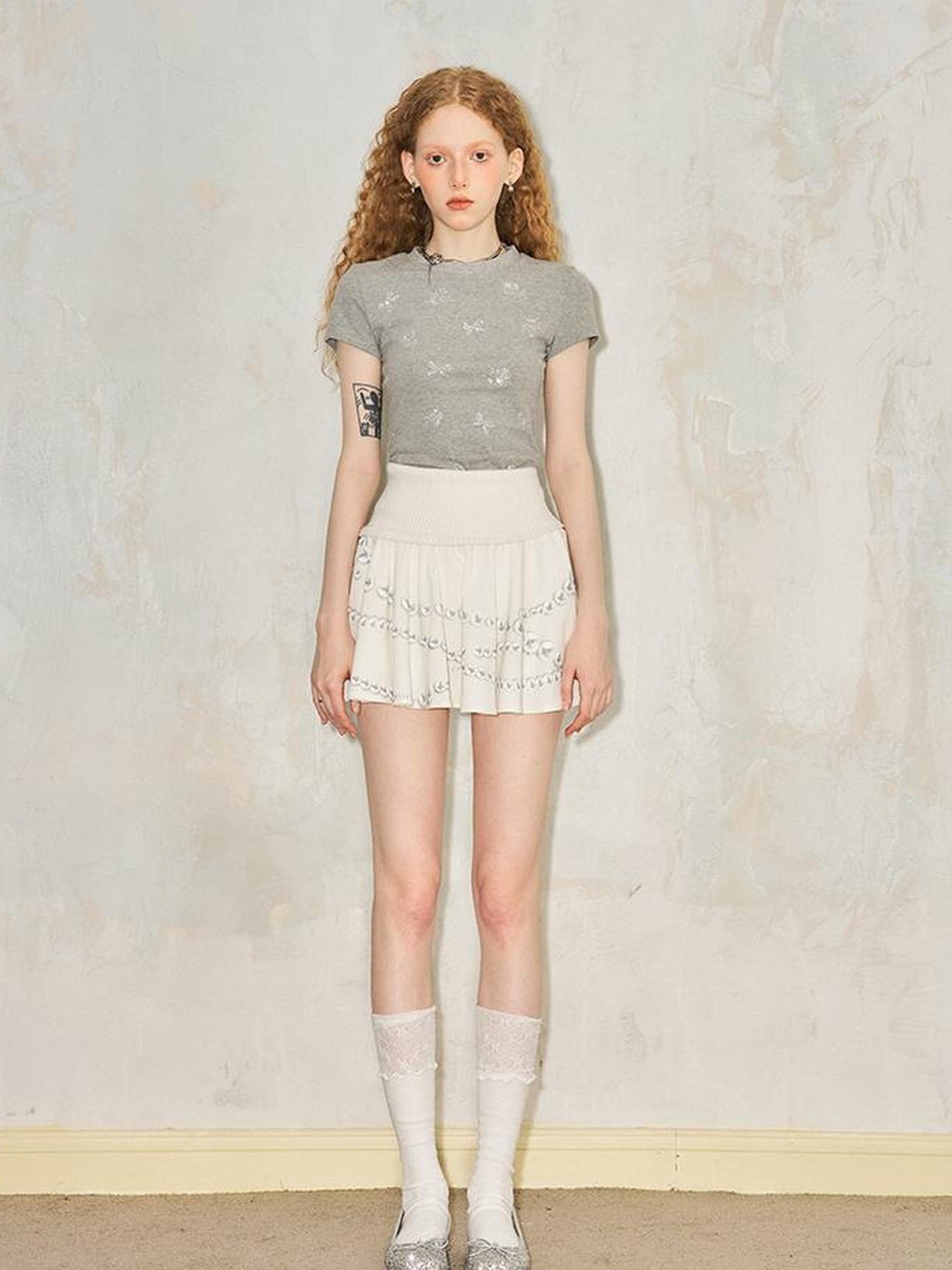 DIDDI MODA Pearl Necklace Print Knitted Pleated Skirt