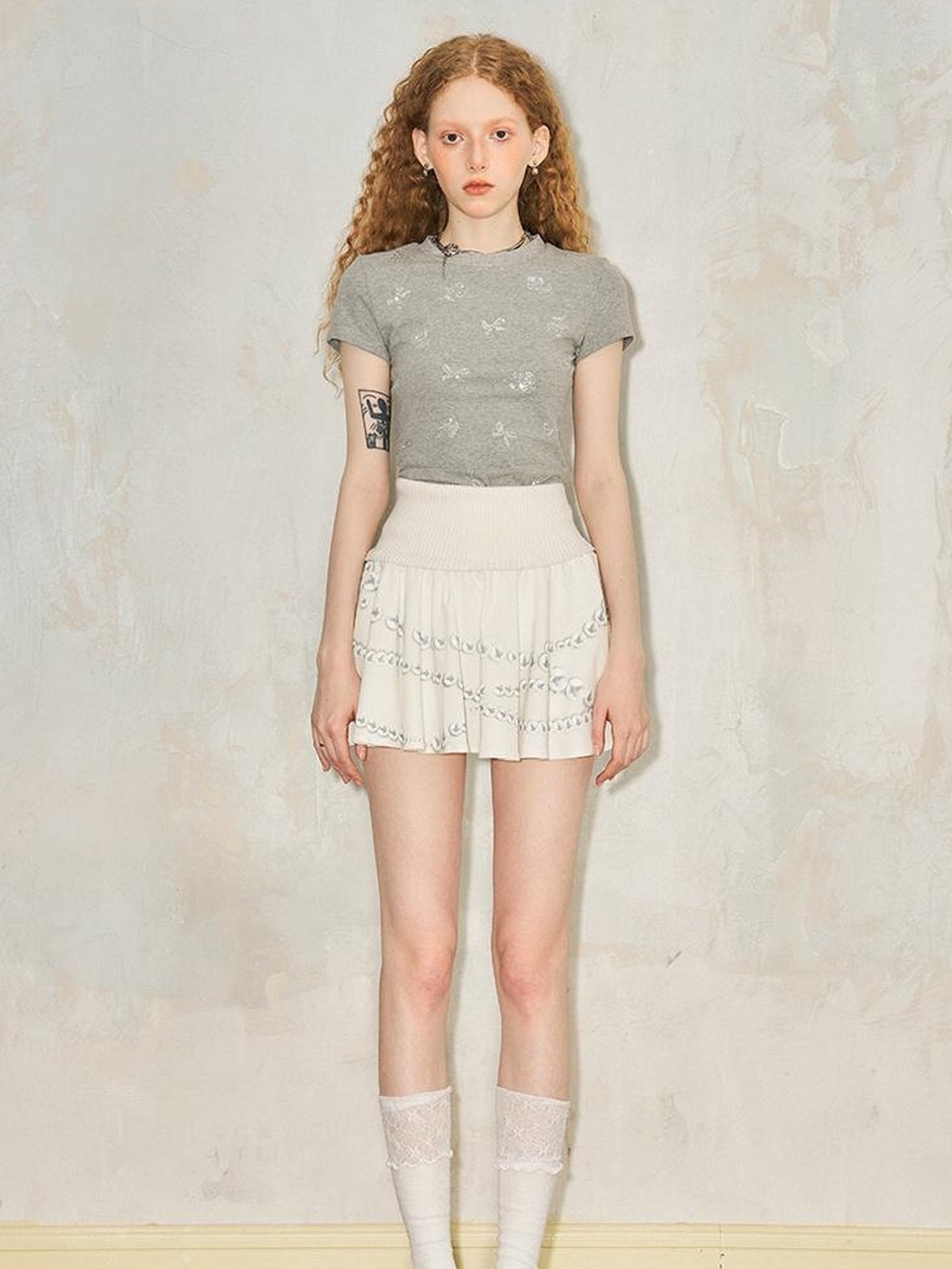 DIDDI MODA Pearl Necklace Print Knitted Pleated Skirt