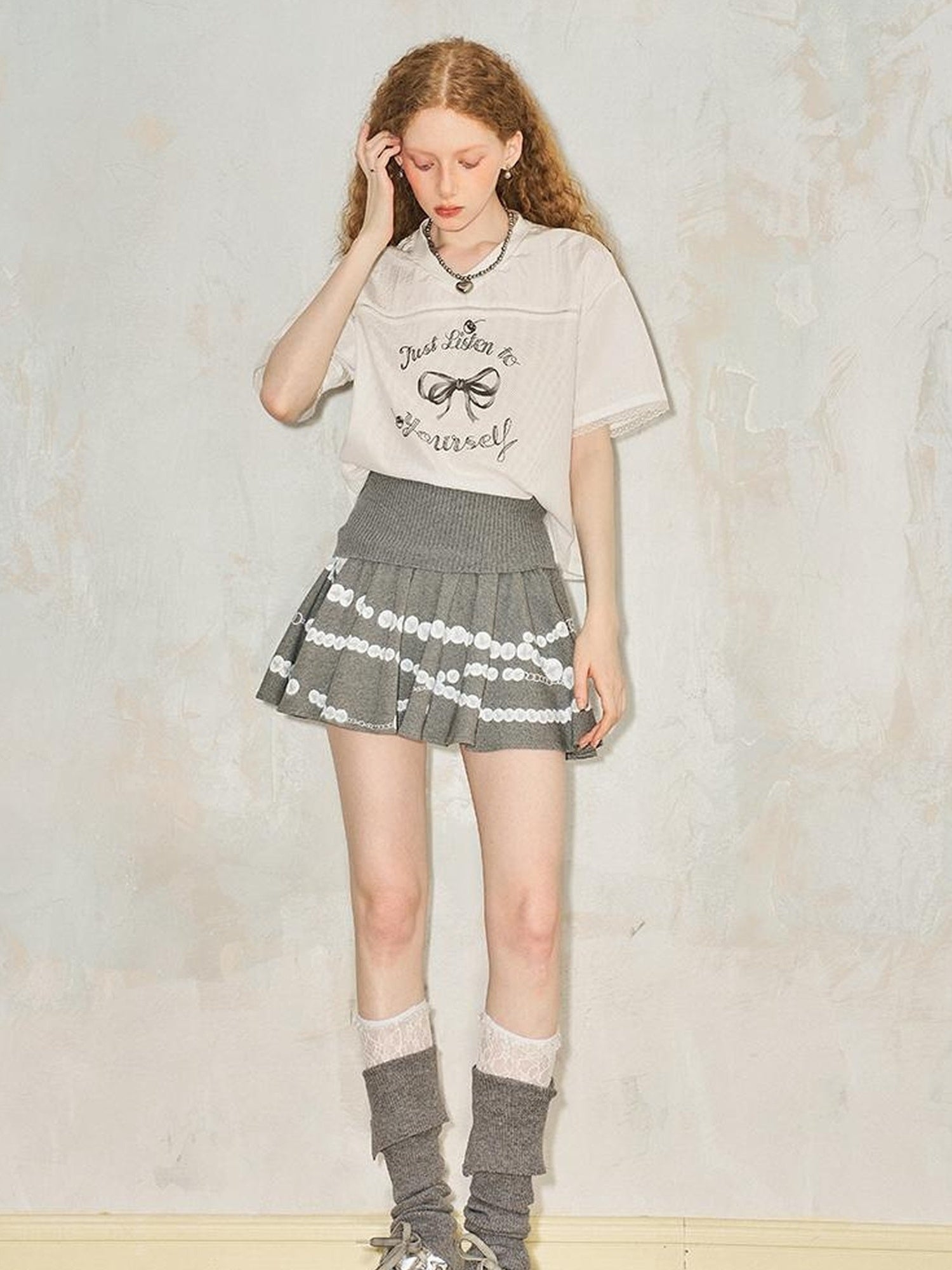 DIDDI MODA Pearl Necklace Print Knitted Pleated Skirt