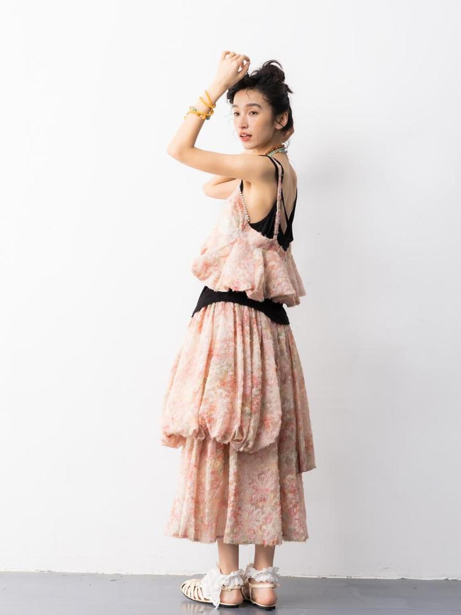 Sweet Mi Pearl Tassel Jacquard Butterfly Sling Dress Set