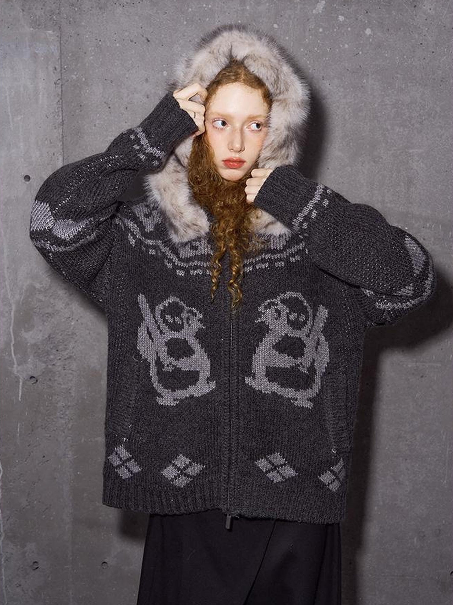 DIDDI MODA Penguin Fair Isle Hooded Cardigan With Detachable Fur Collar
