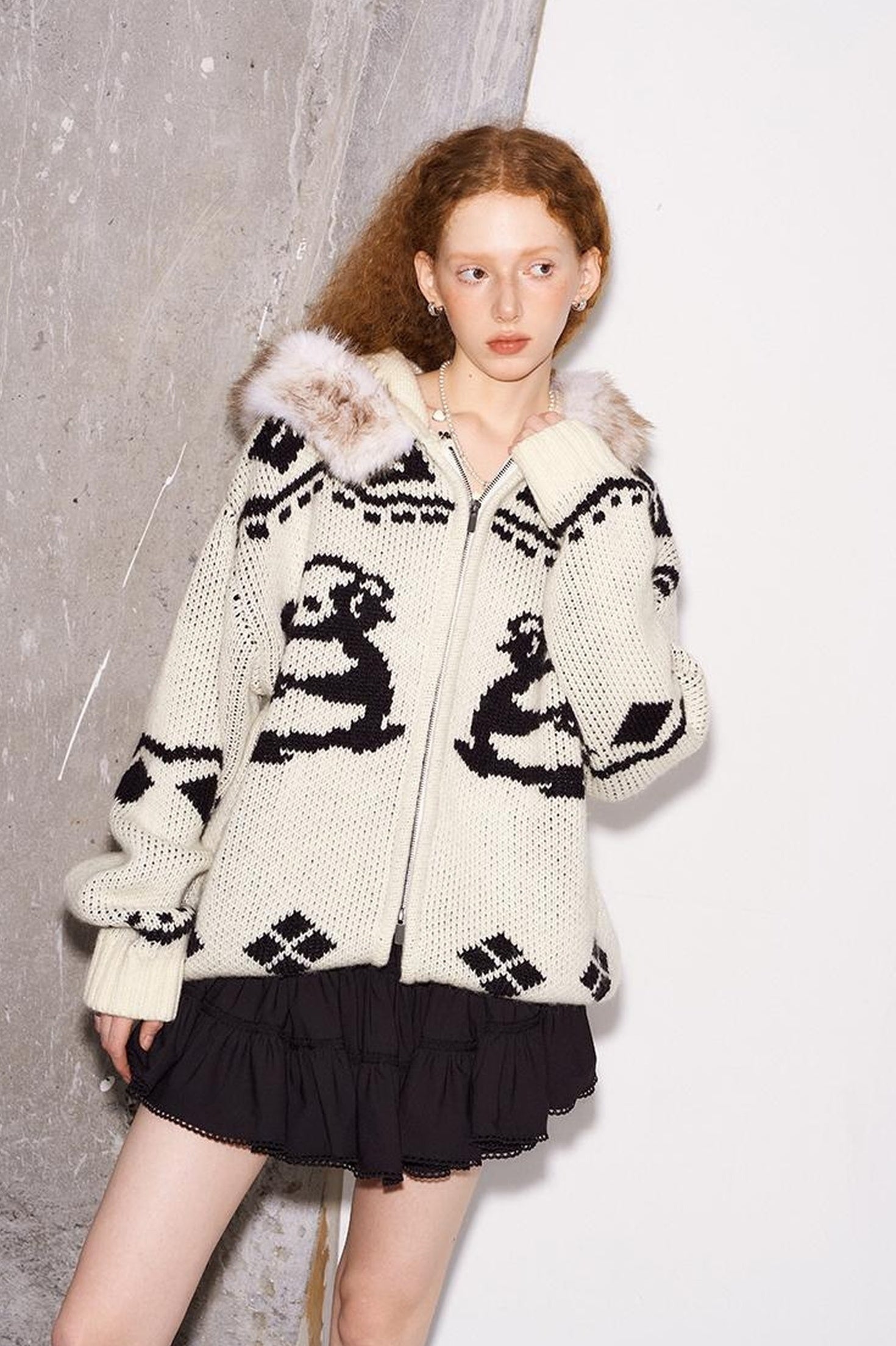 DIDDI MODA Penguin Fair Isle Hooded Cardigan With Detachable Fur Collar