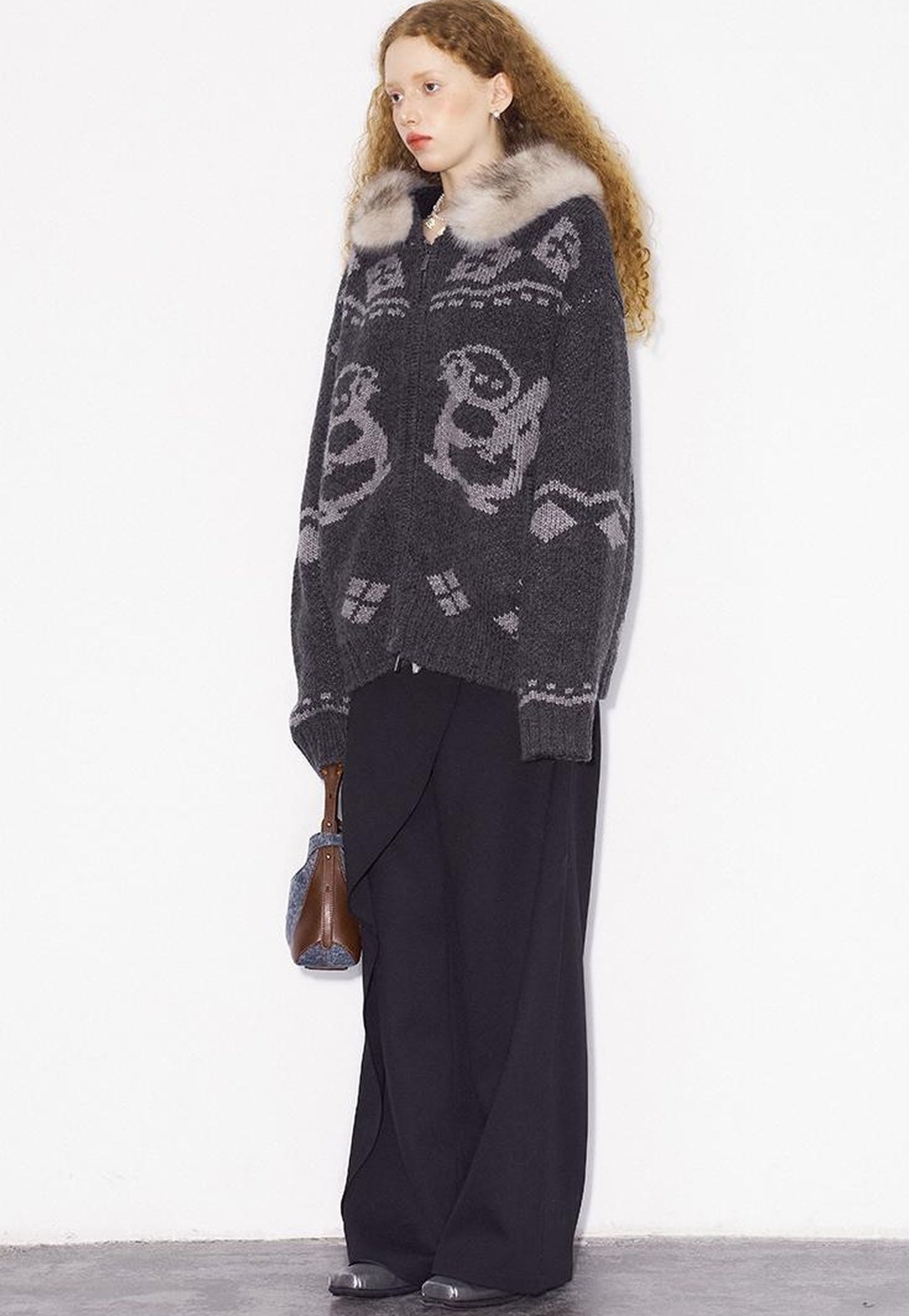 DIDDI MODA Penguin Fair Isle Hooded Cardigan With Detachable Fur Collar
