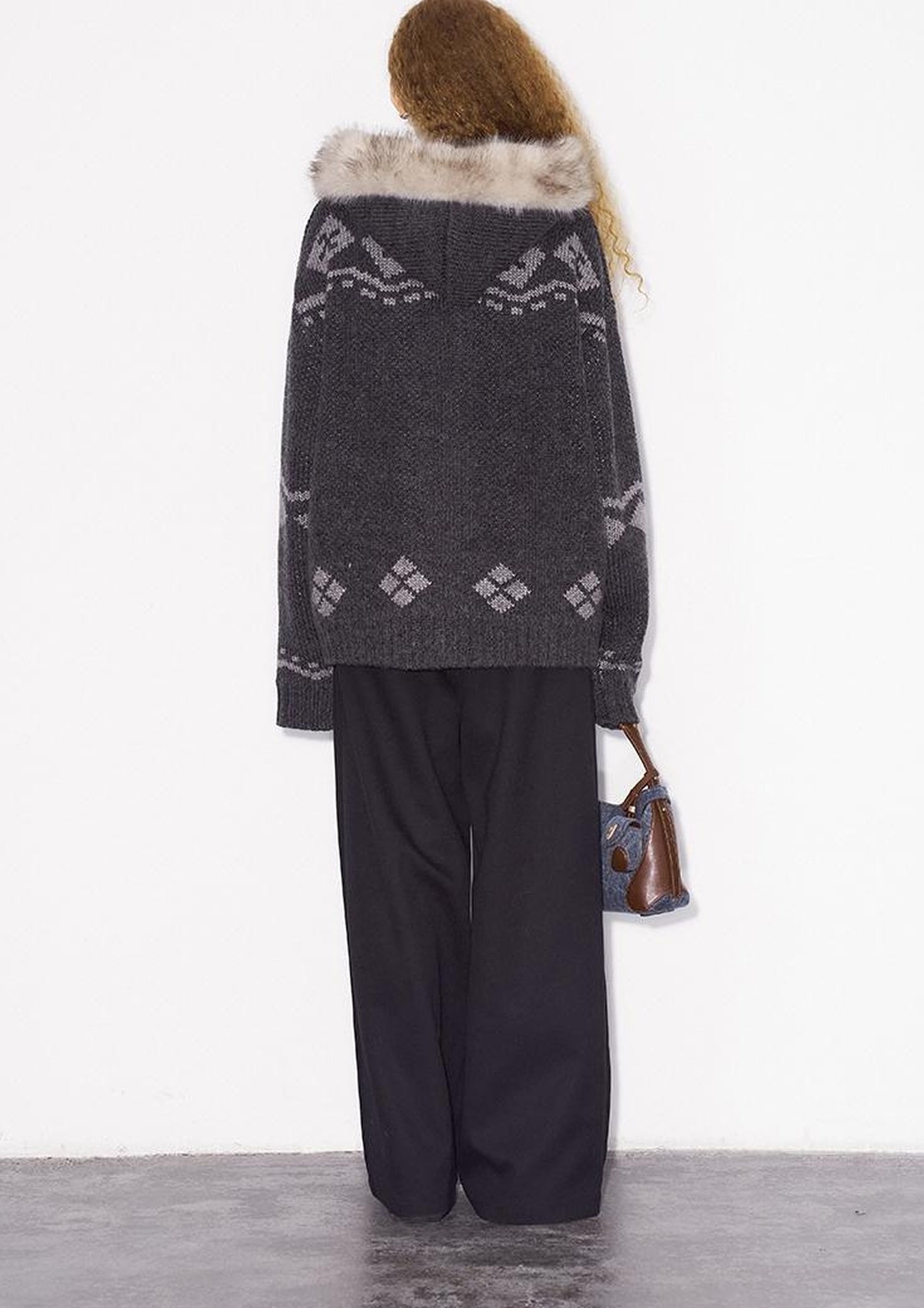 DIDDI MODA Penguin Fair Isle Hooded Cardigan With Detachable Fur Collar