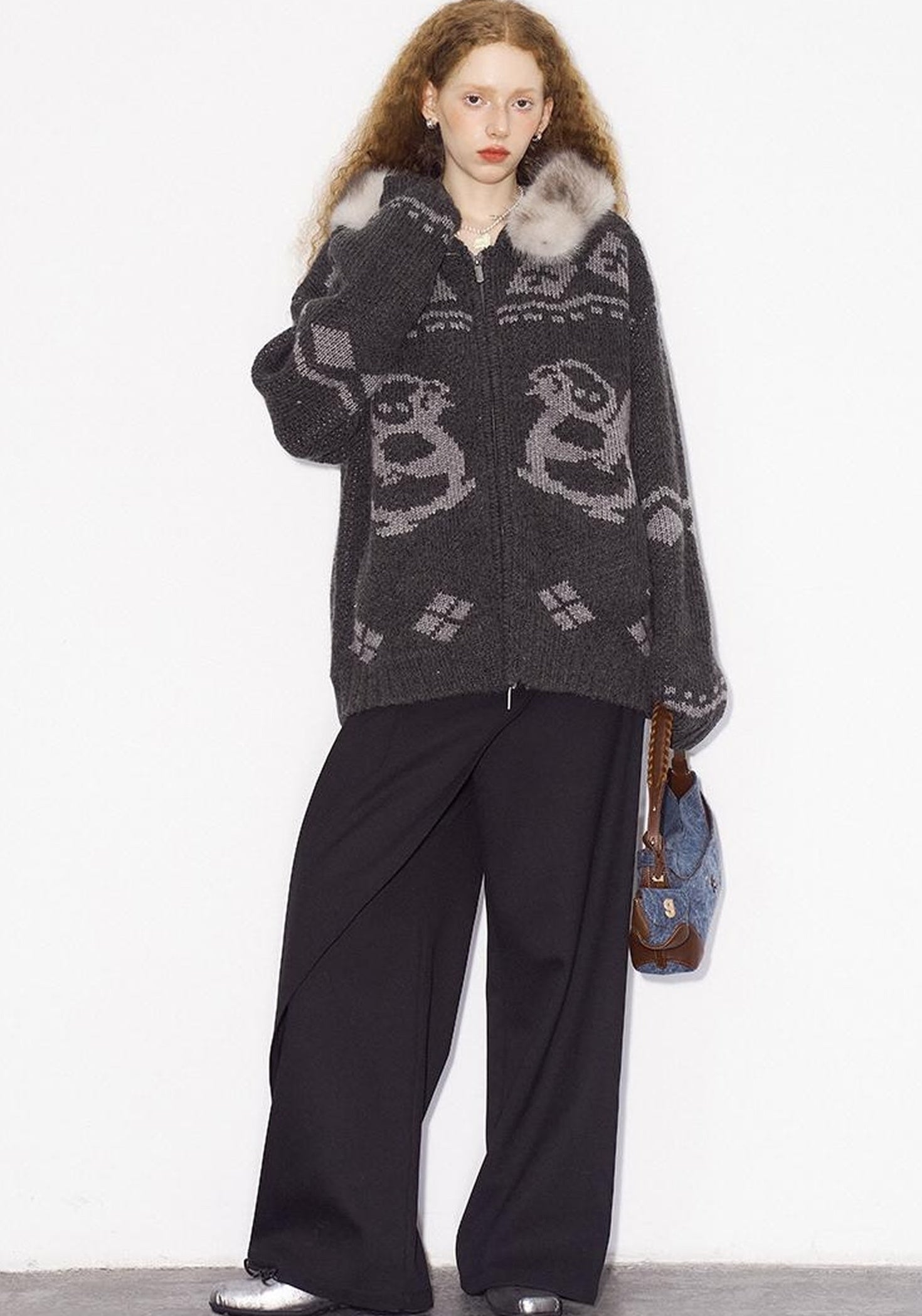 DIDDI MODA Penguin Fair Isle Hooded Cardigan With Detachable Fur Collar