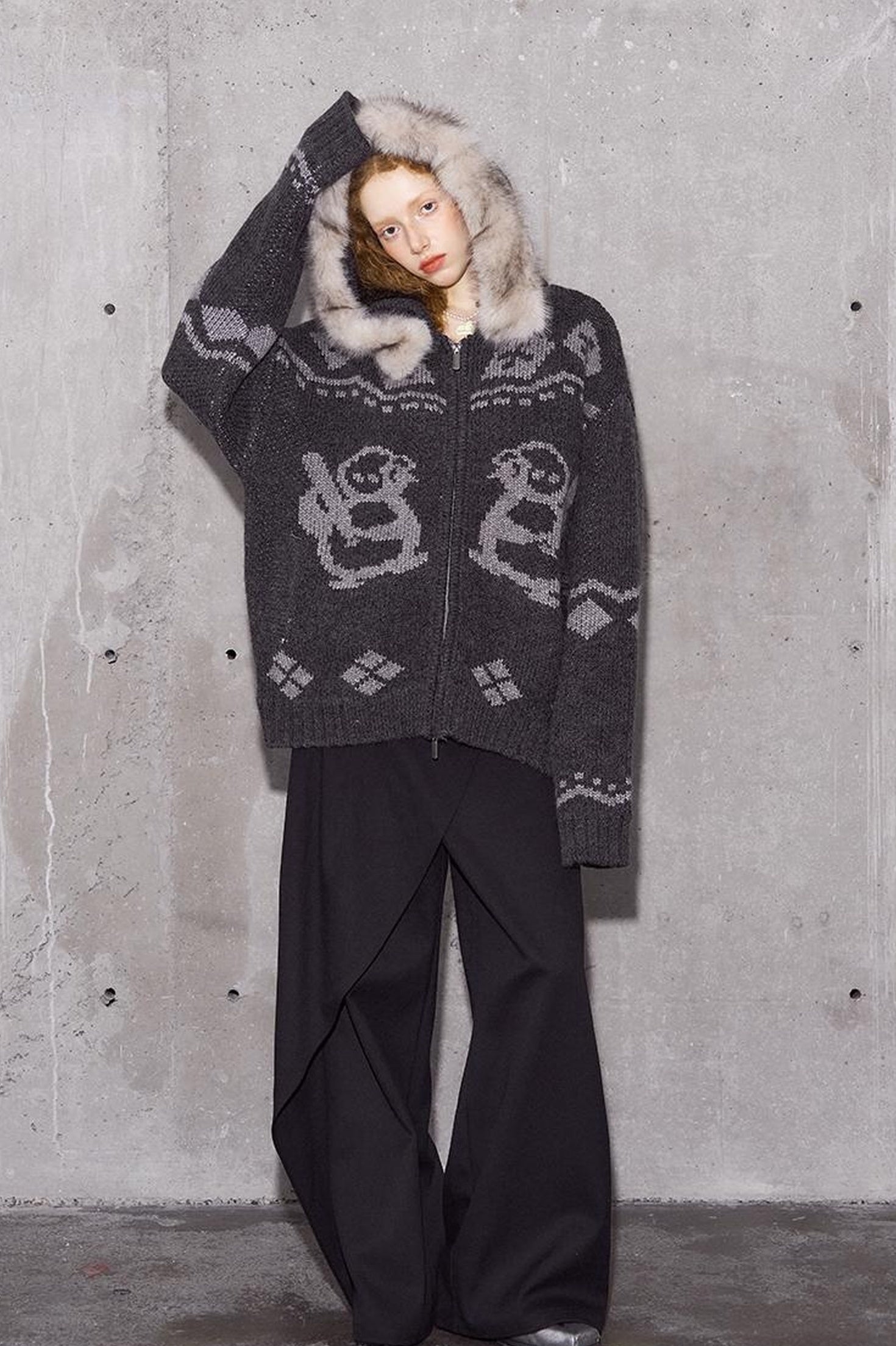 DIDDI MODA Penguin Fair Isle Hooded Cardigan With Detachable Fur Collar