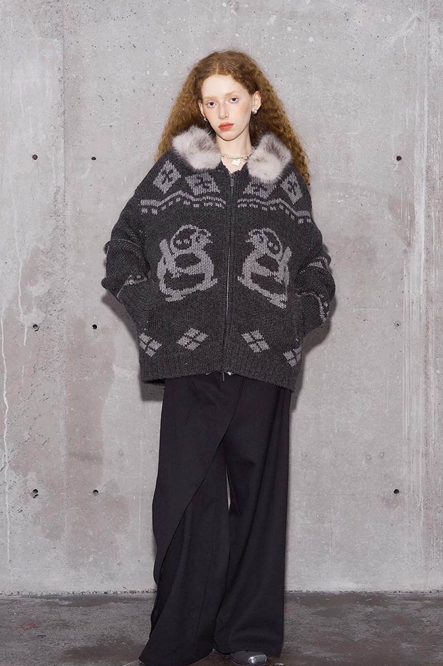 DIDDI MODA Penguin Fair Isle Hooded Cardigan With Detachable Fur Collar