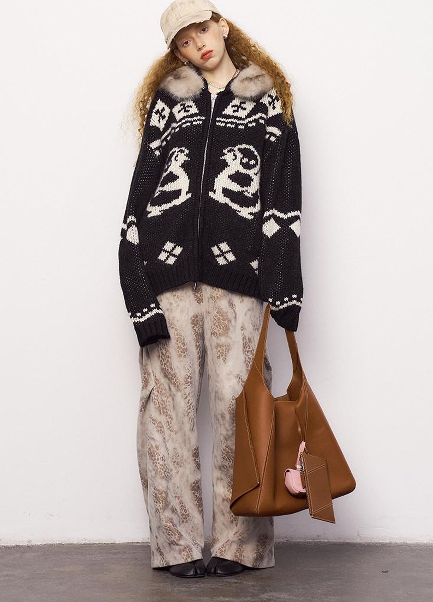 DIDDI MODA Penguin Fair Isle Hooded Cardigan With Detachable Fur Collar