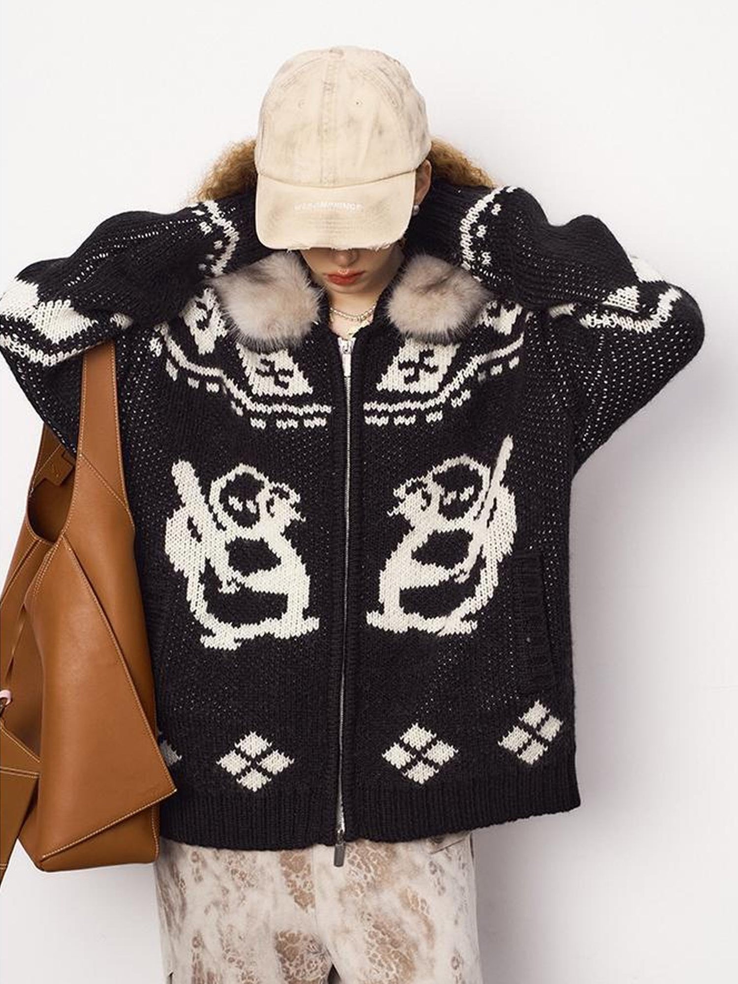 DIDDI MODA Penguin Fair Isle Hooded Cardigan With Detachable Fur Collar