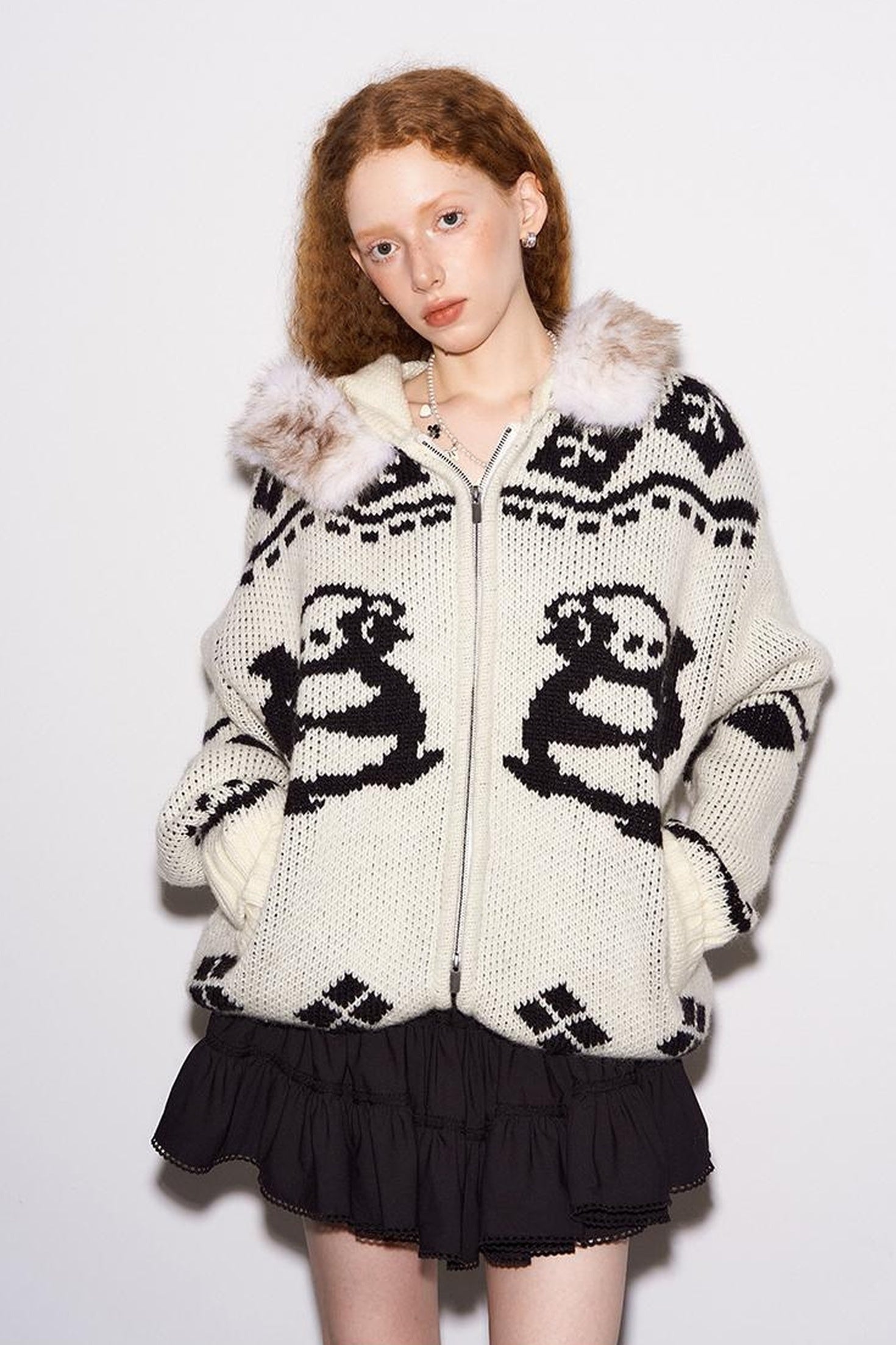 DIDDI MODA Penguin Fair Isle Hooded Cardigan With Detachable Fur Collar