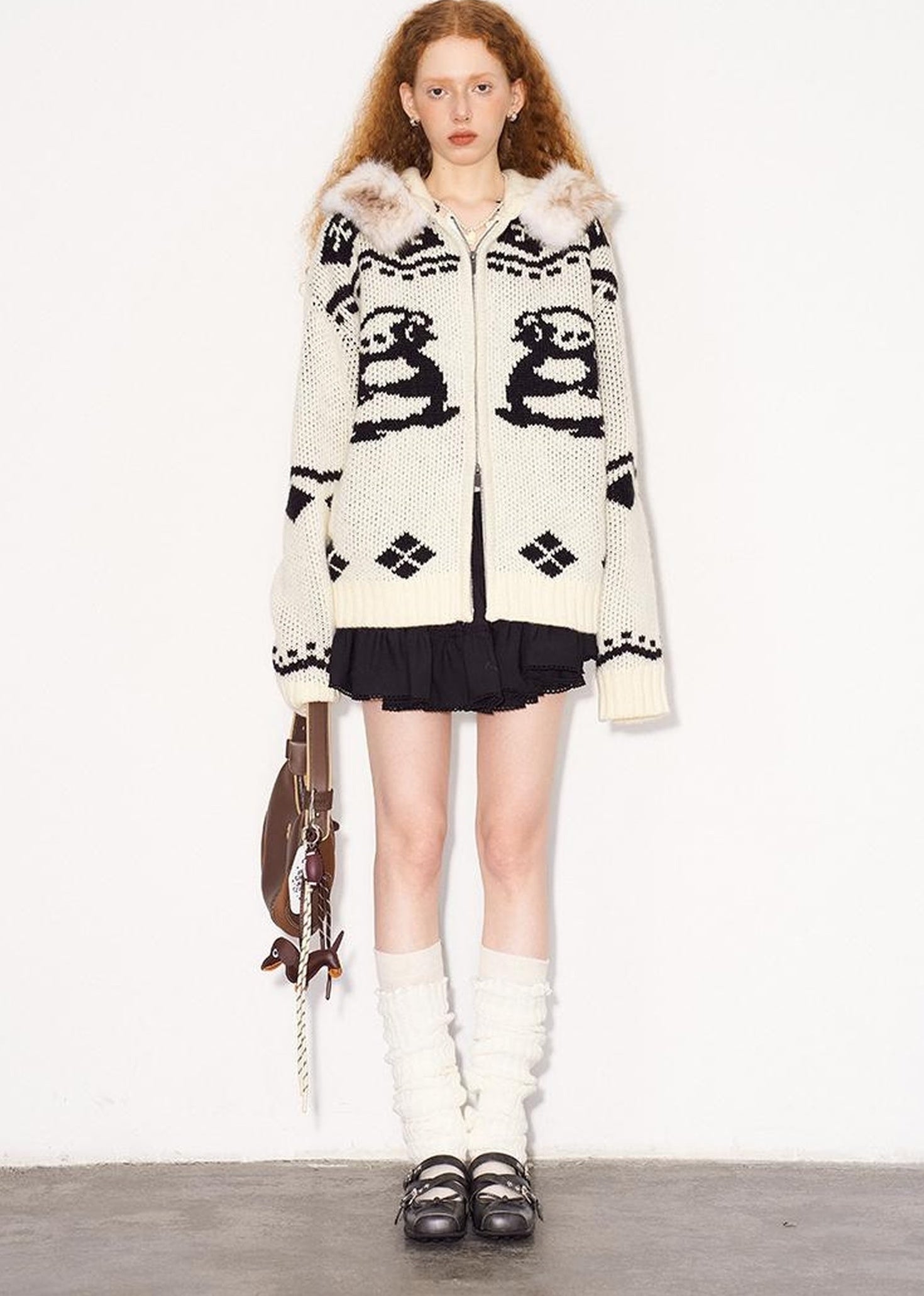 DIDDI MODA Penguin Fair Isle Hooded Cardigan With Detachable Fur Collar