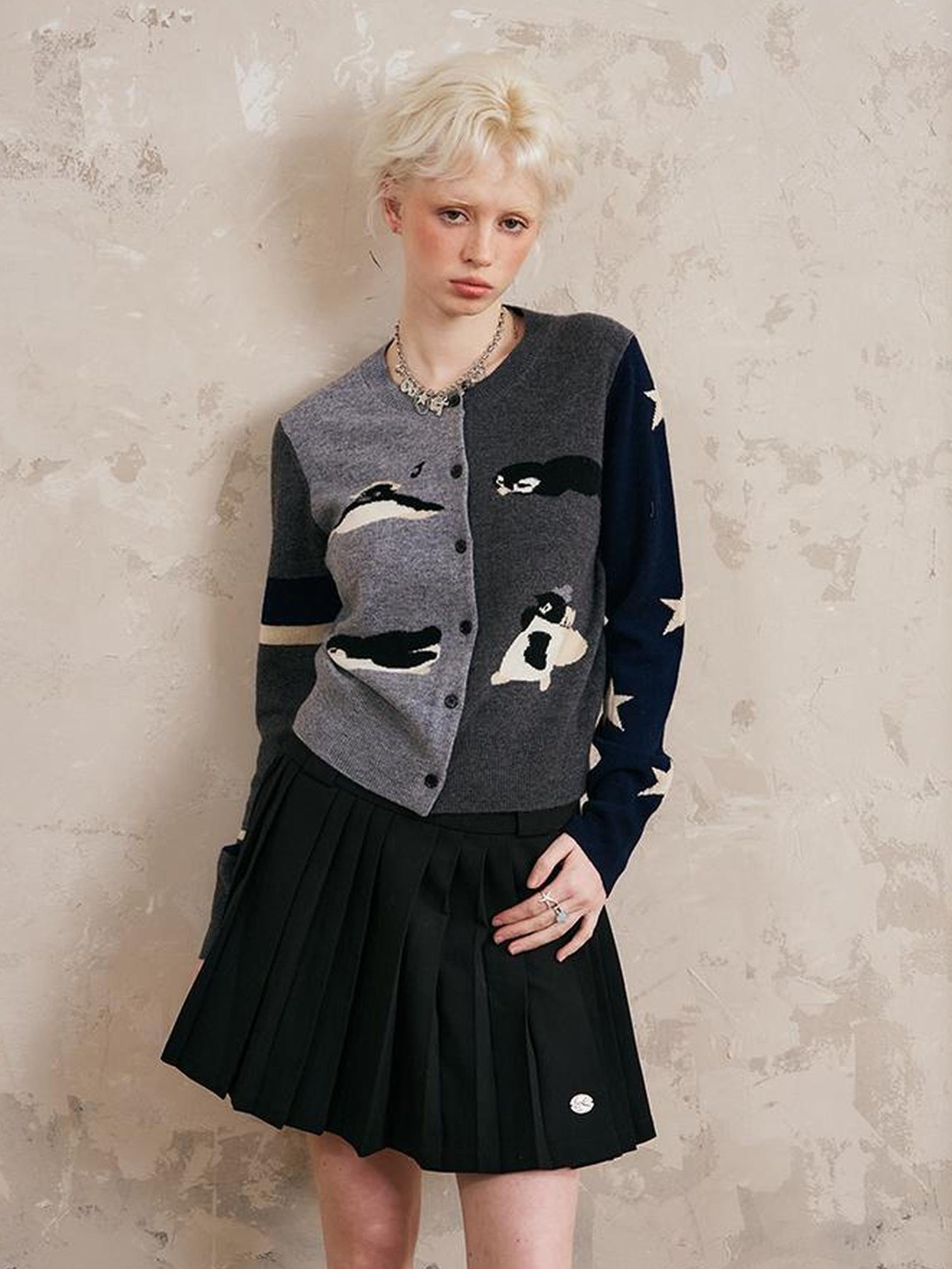 DIDDI MODA Penguin Patch Asymmetrical Knit Cardigan