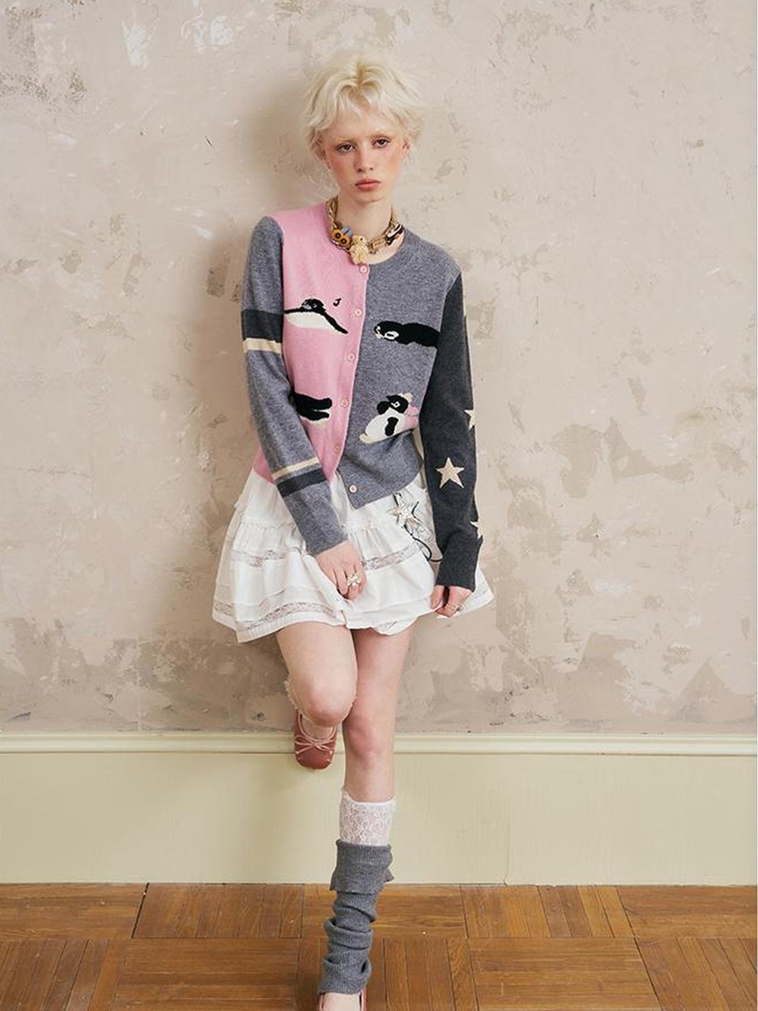 DIDDI MODA Penguin Patch Asymmetrical Knit Cardigan