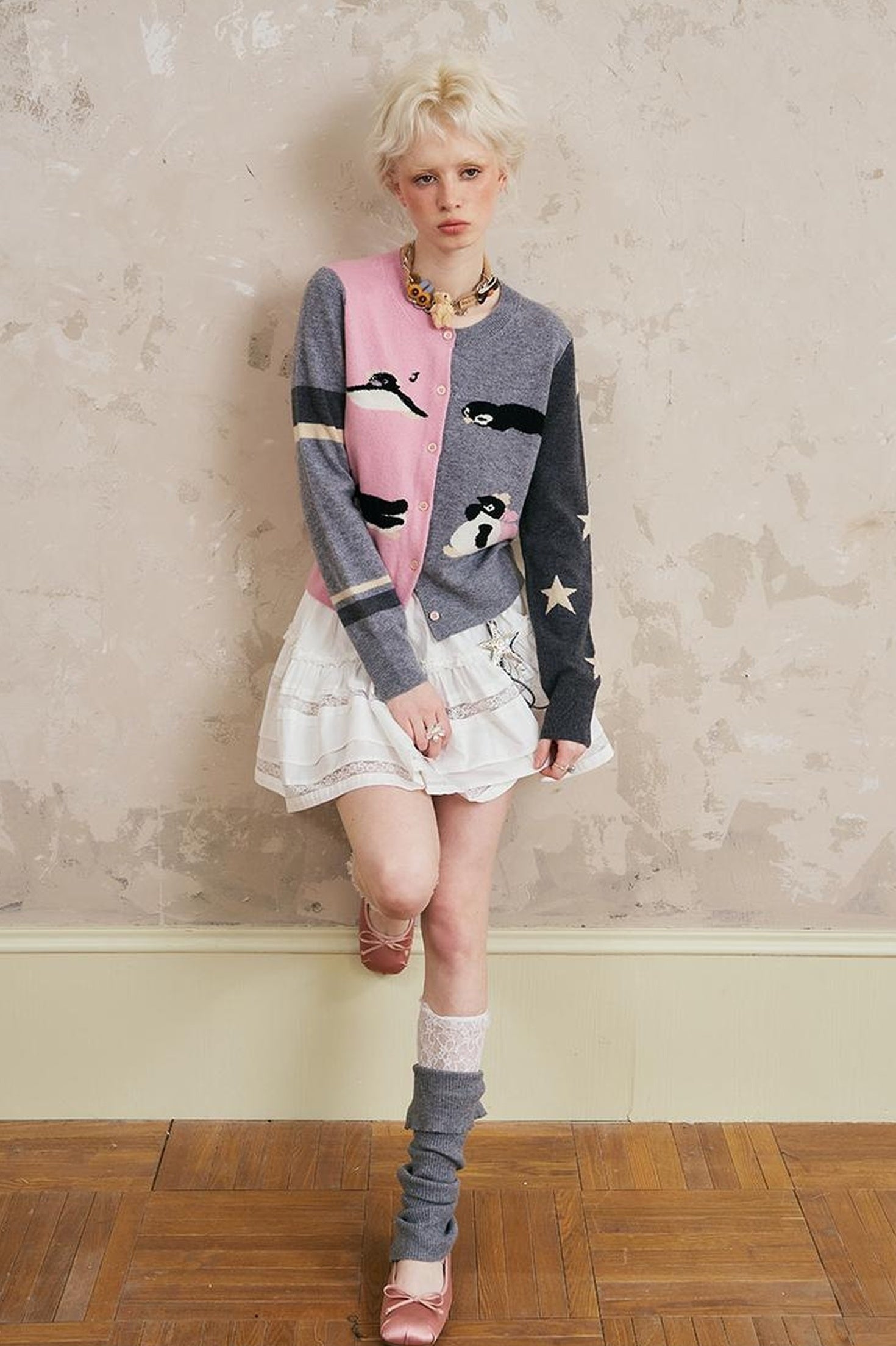DIDDI MODA Penguin Patch Asymmetrical Knit Cardigan