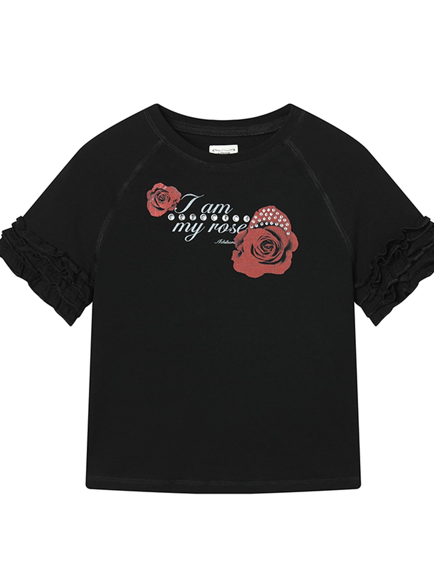 Achihara Roseprint Floral Sleeve Cropped Tee
