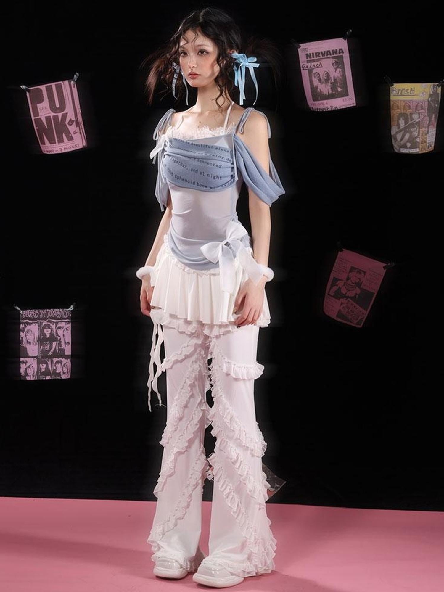 WSW WUSHENWU Pink Blue Asymmetrical Ballet Stretch Mesh Top