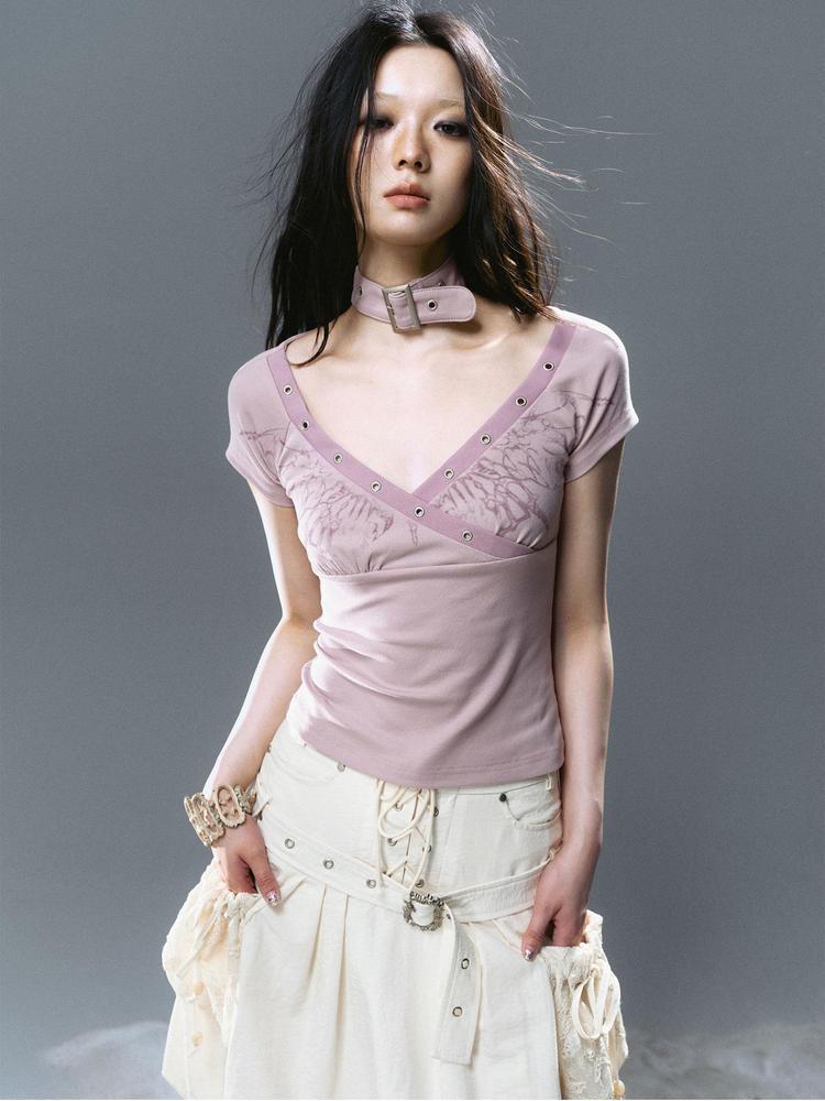 Cest Nous Pink Blue Butterfly Print Cross Neck T-Shirt