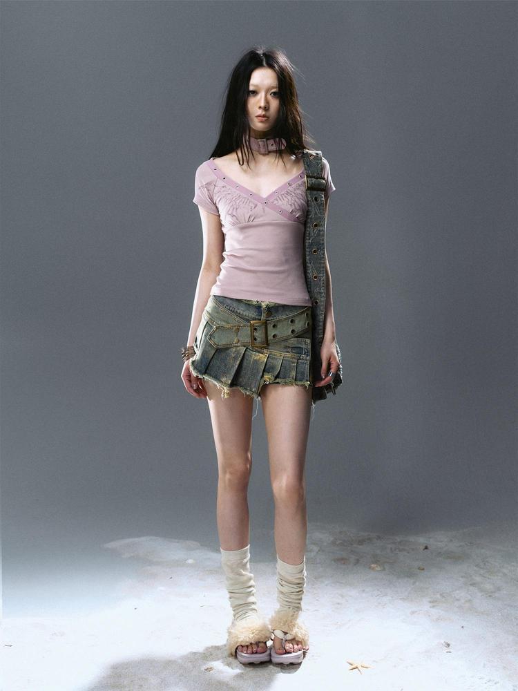 Cest Nous Pink Blue Butterfly Print Cross Neck T-Shirt