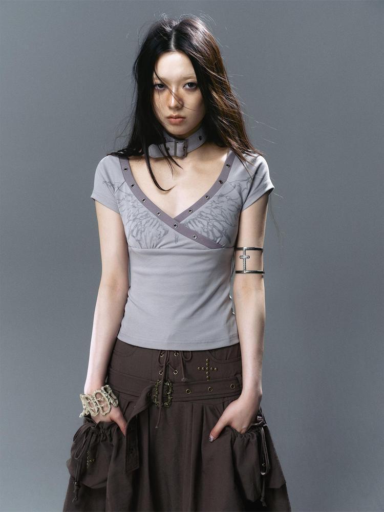 Cest Nous Pink Blue Butterfly Print Cross Neck T-Shirt