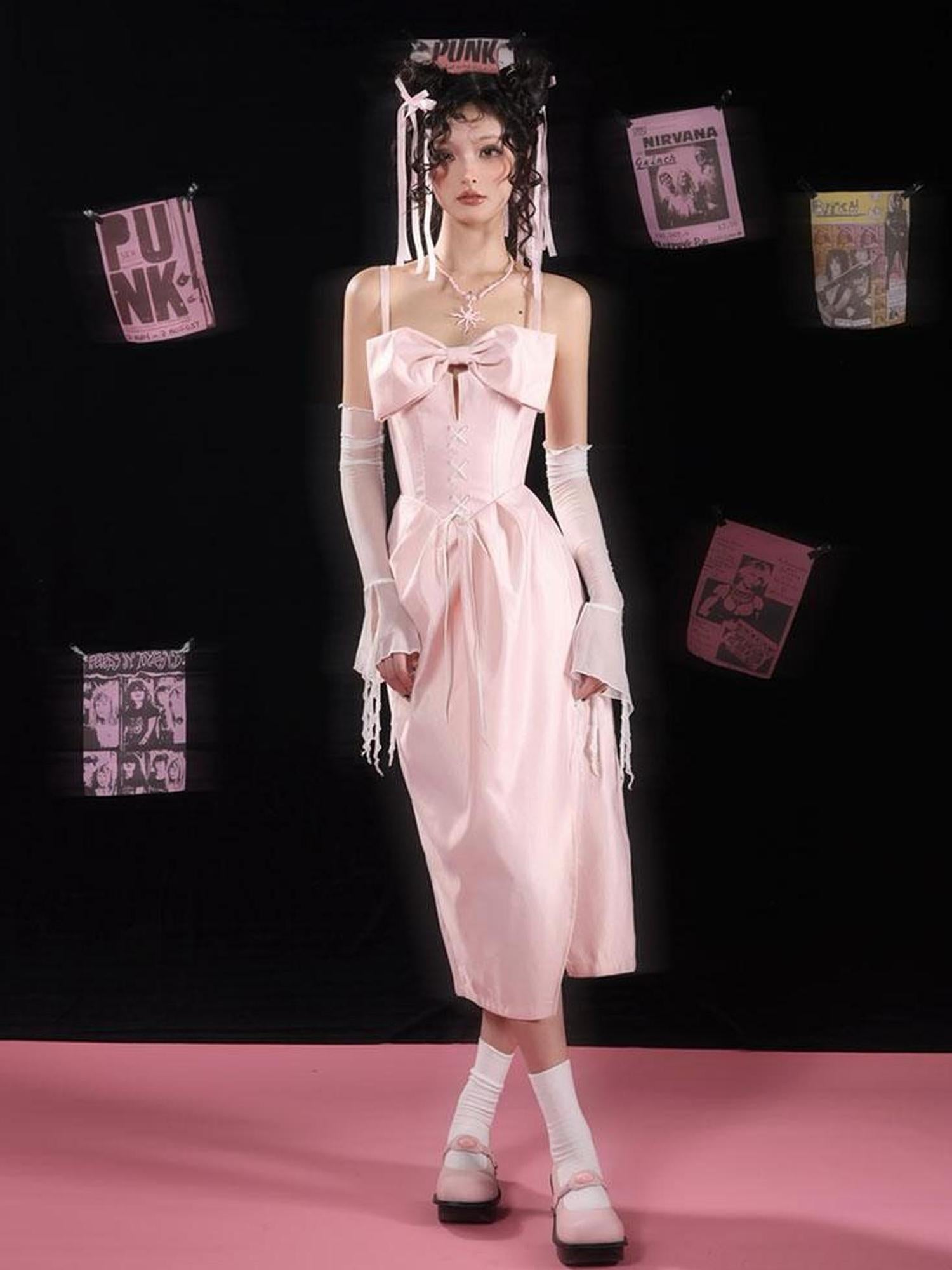 WSW WUSHENWU Pink Bow French Mini Dream Dress