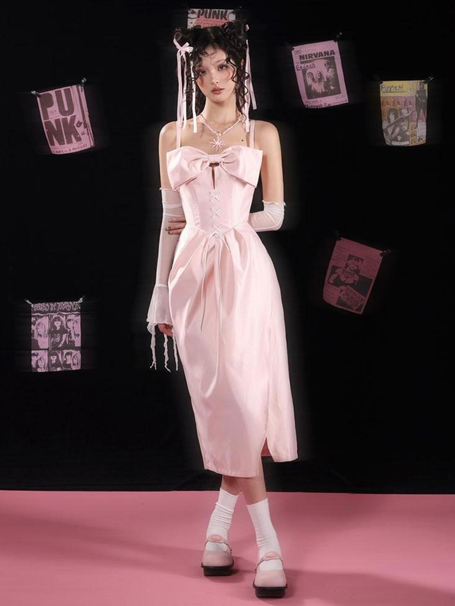 WSW WUSHENWU Pink Bow French Mini Dream Dress