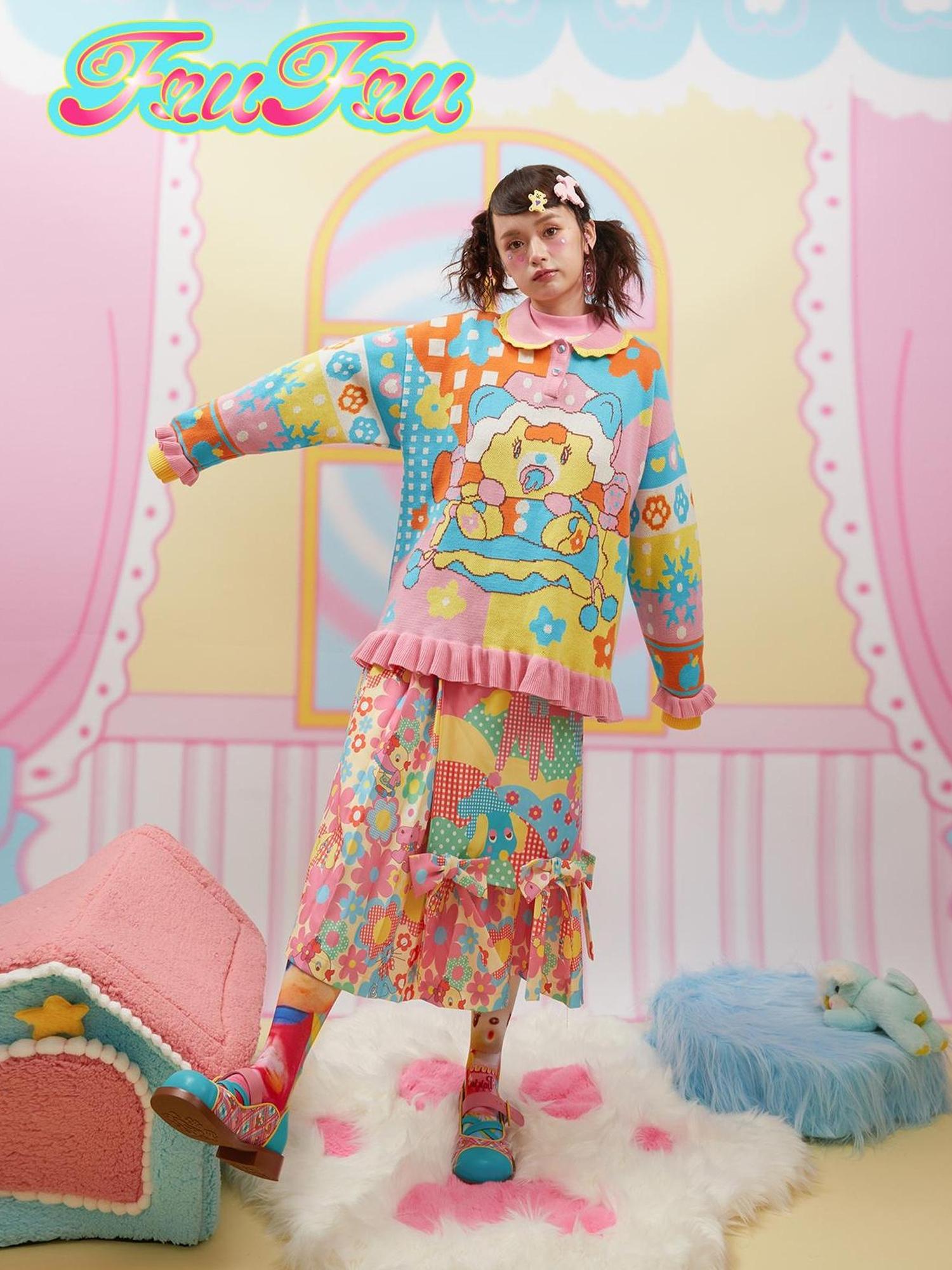 Frufru Gulu Pink Deer Print Pleated Skirt Winter Cute Slim Fit Girls A Line