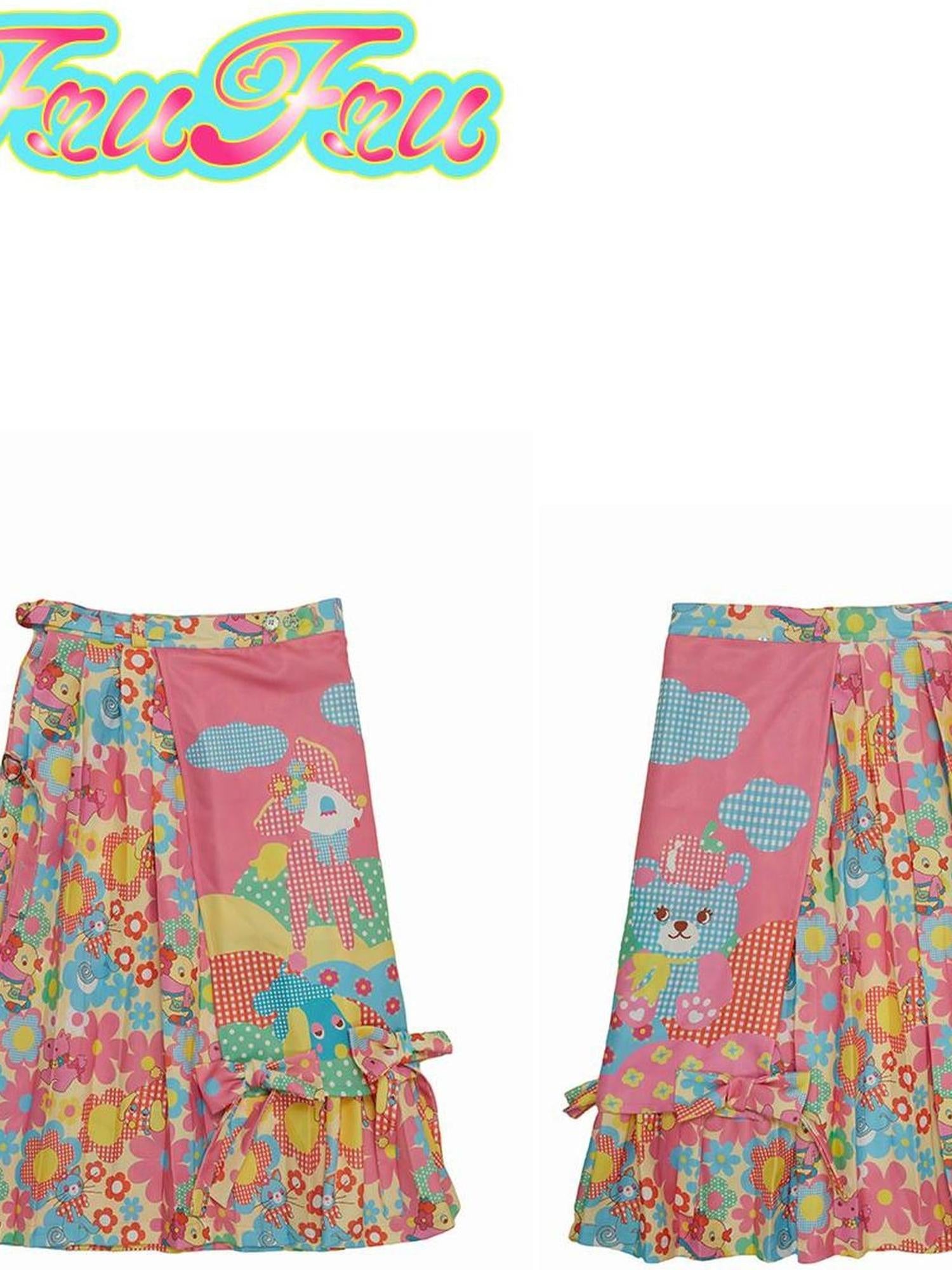 Frufru Gulu Pink Deer Print Pleated Skirt Winter Cute Slim Fit Girls A Line