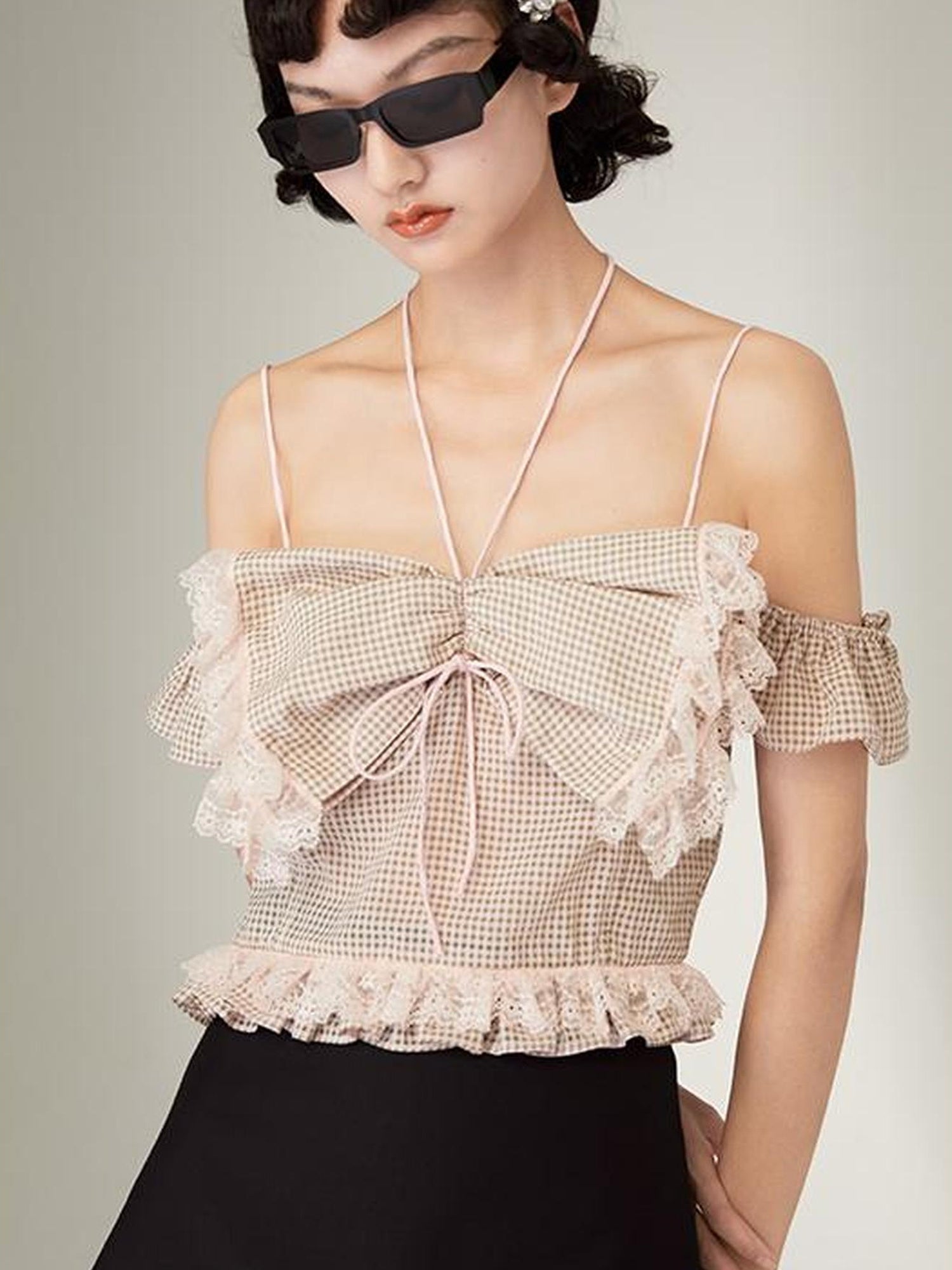 DIDDI MODA Pink Gingham Halter Bow Lace Pure Desire Top