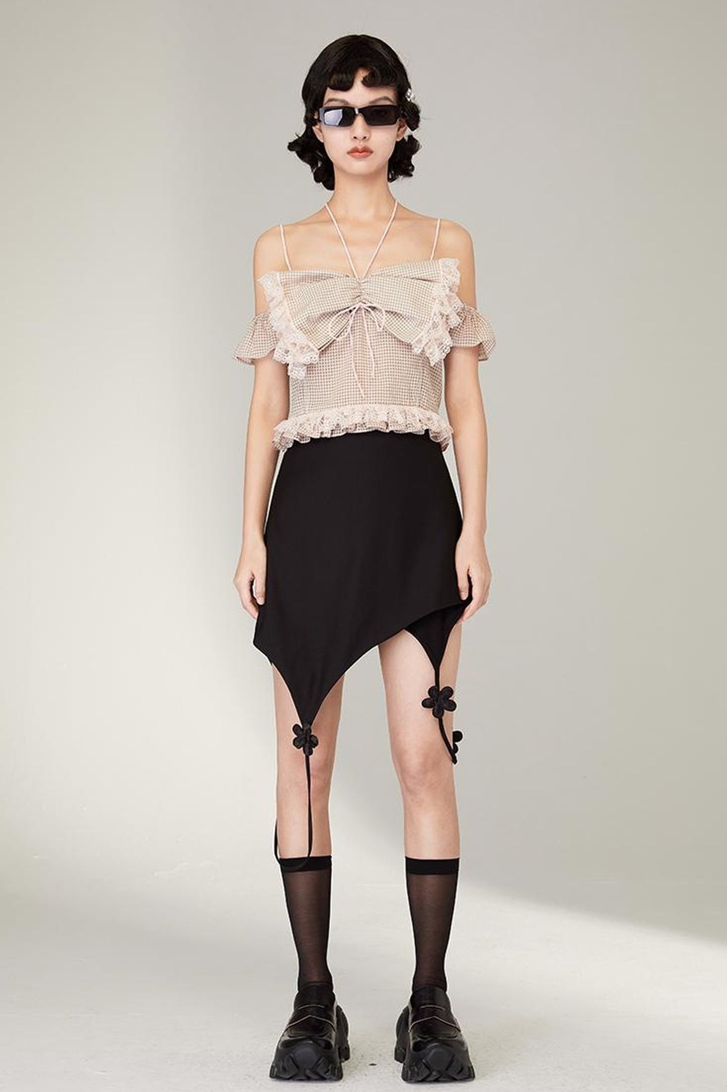 DIDDI MODA Pink Gingham Halter Bow Lace Pure Desire Top