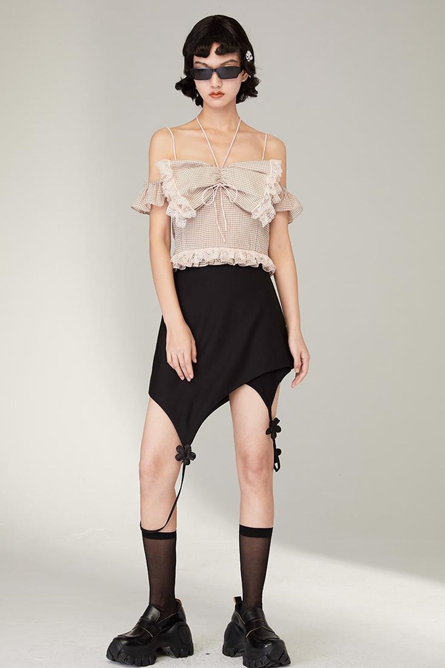 DIDDI MODA Pink Gingham Halter Bow Lace Pure Desire Top