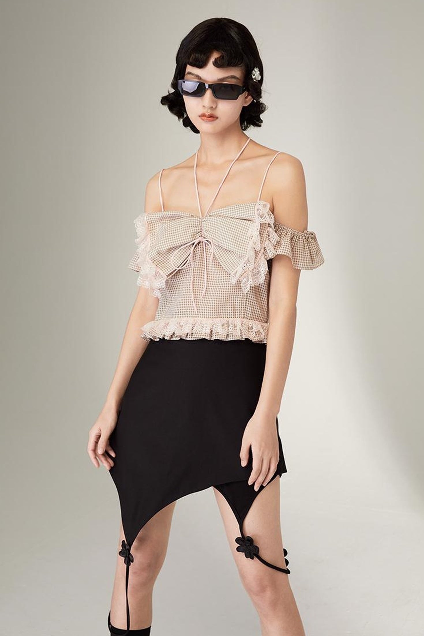 DIDDI MODA Pink Gingham Halter Bow Lace Pure Desire Top