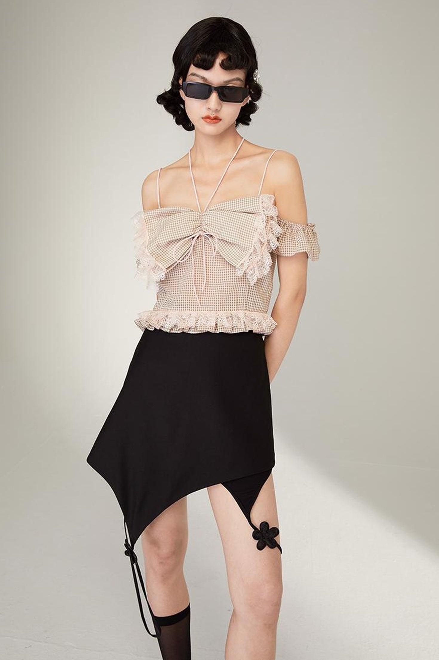 DIDDI MODA Pink Gingham Halter Bow Lace Pure Desire Top