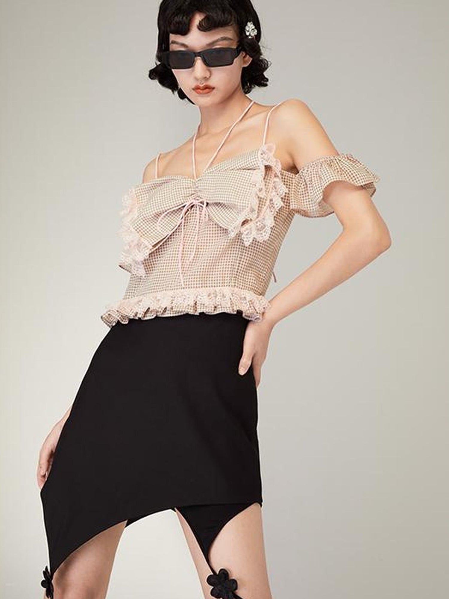 DIDDI MODA Pink Gingham Halter Bow Lace Pure Desire Top