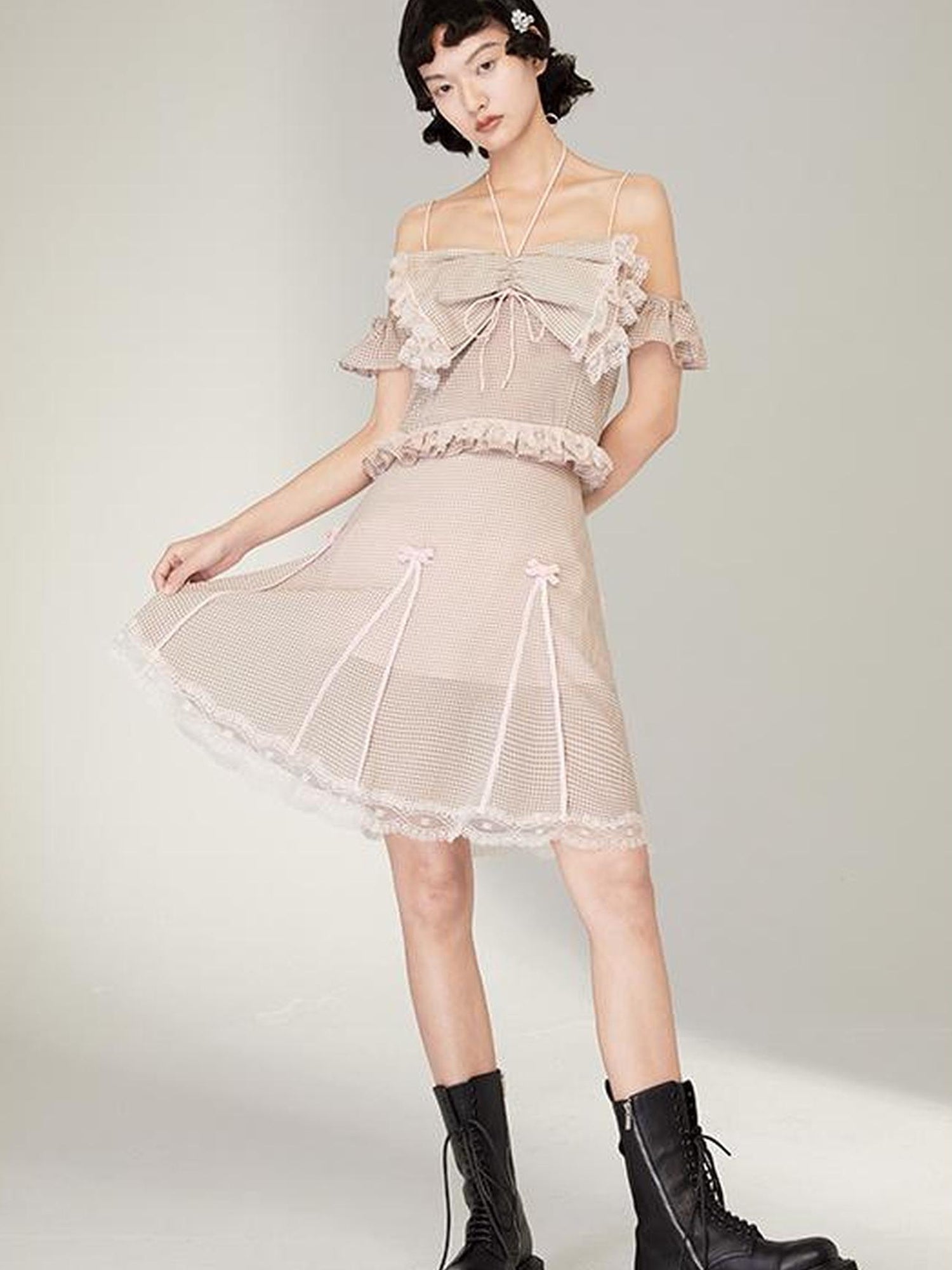 DIDDI MODA Pink Gingham Halter Bow Lace Pure Desire Top