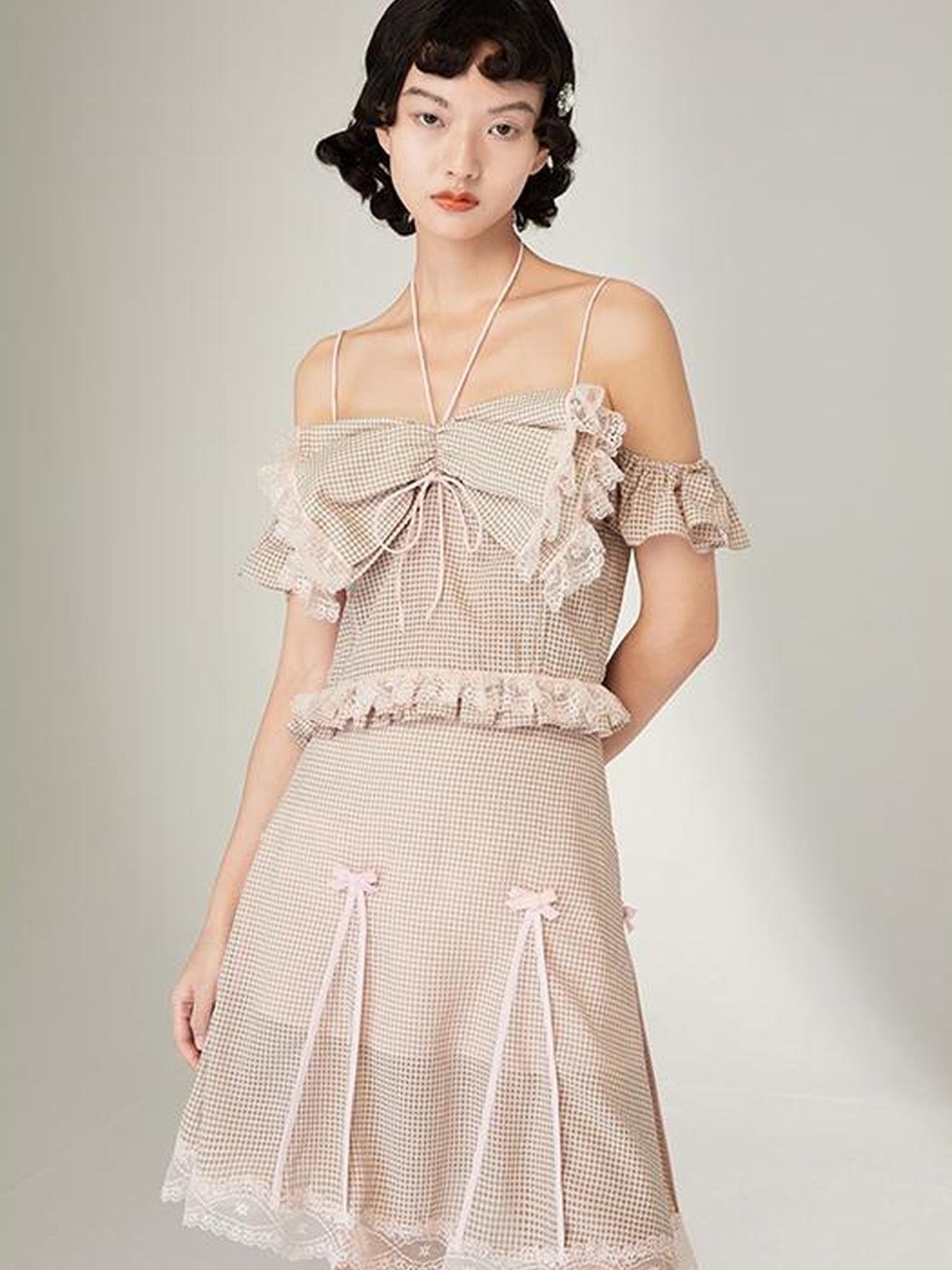 DIDDI MODA Pink Gingham Halter Bow Lace Pure Desire Top