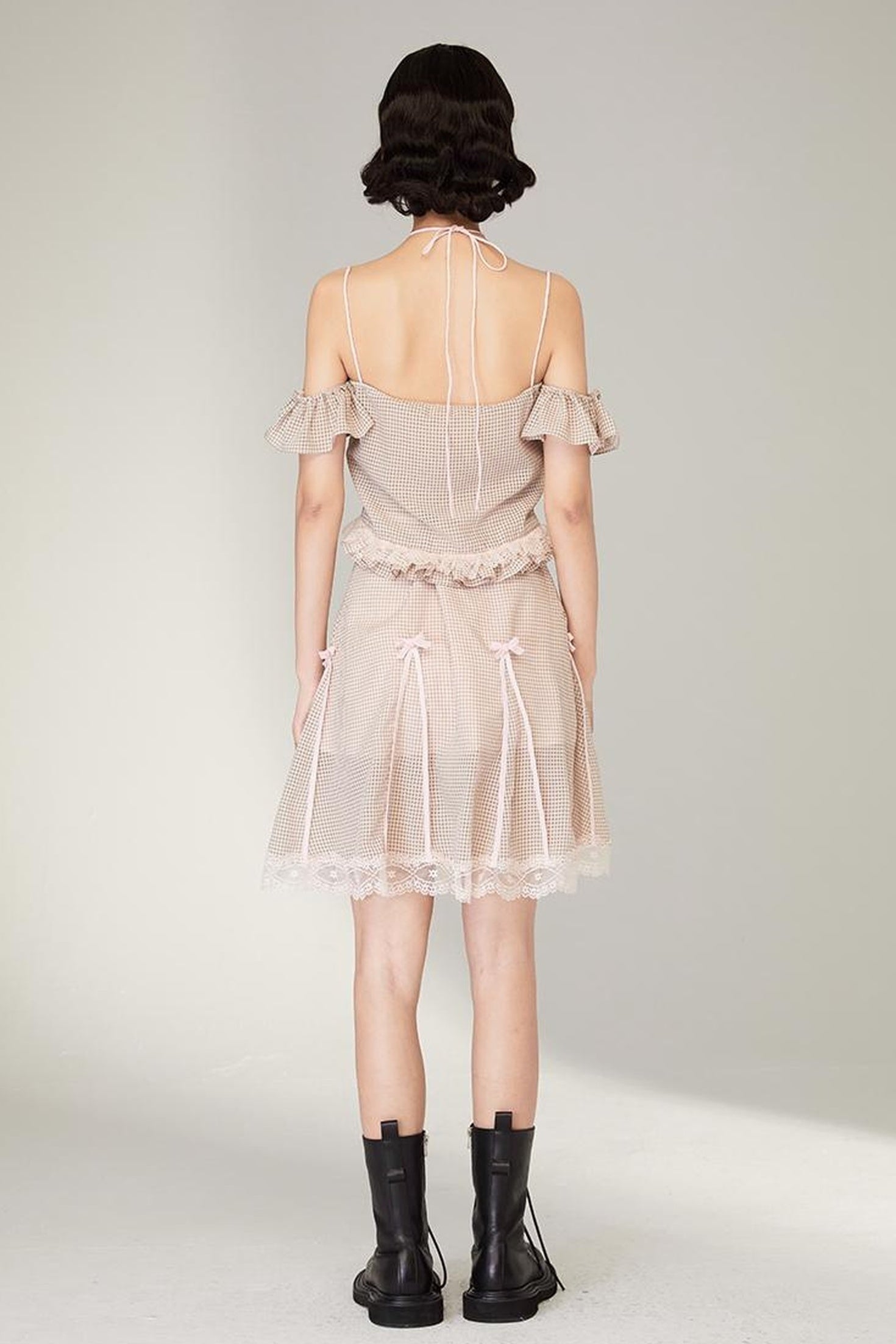 DIDDI MODA Pink Gingham Halter Bow Lace Pure Desire Top