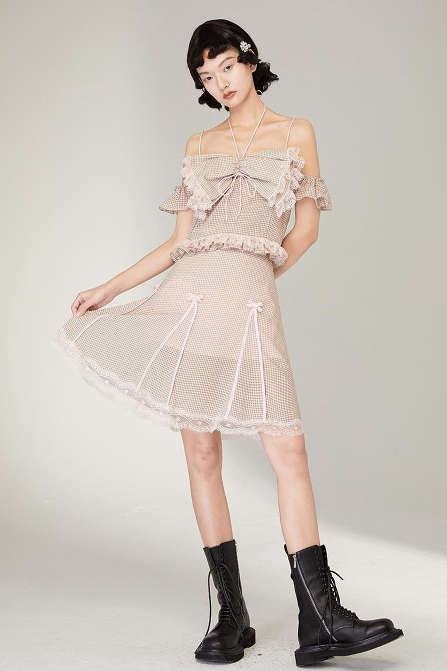 DIDDI MODA Pink Gingham Halter Bow Lace Pure Desire Top