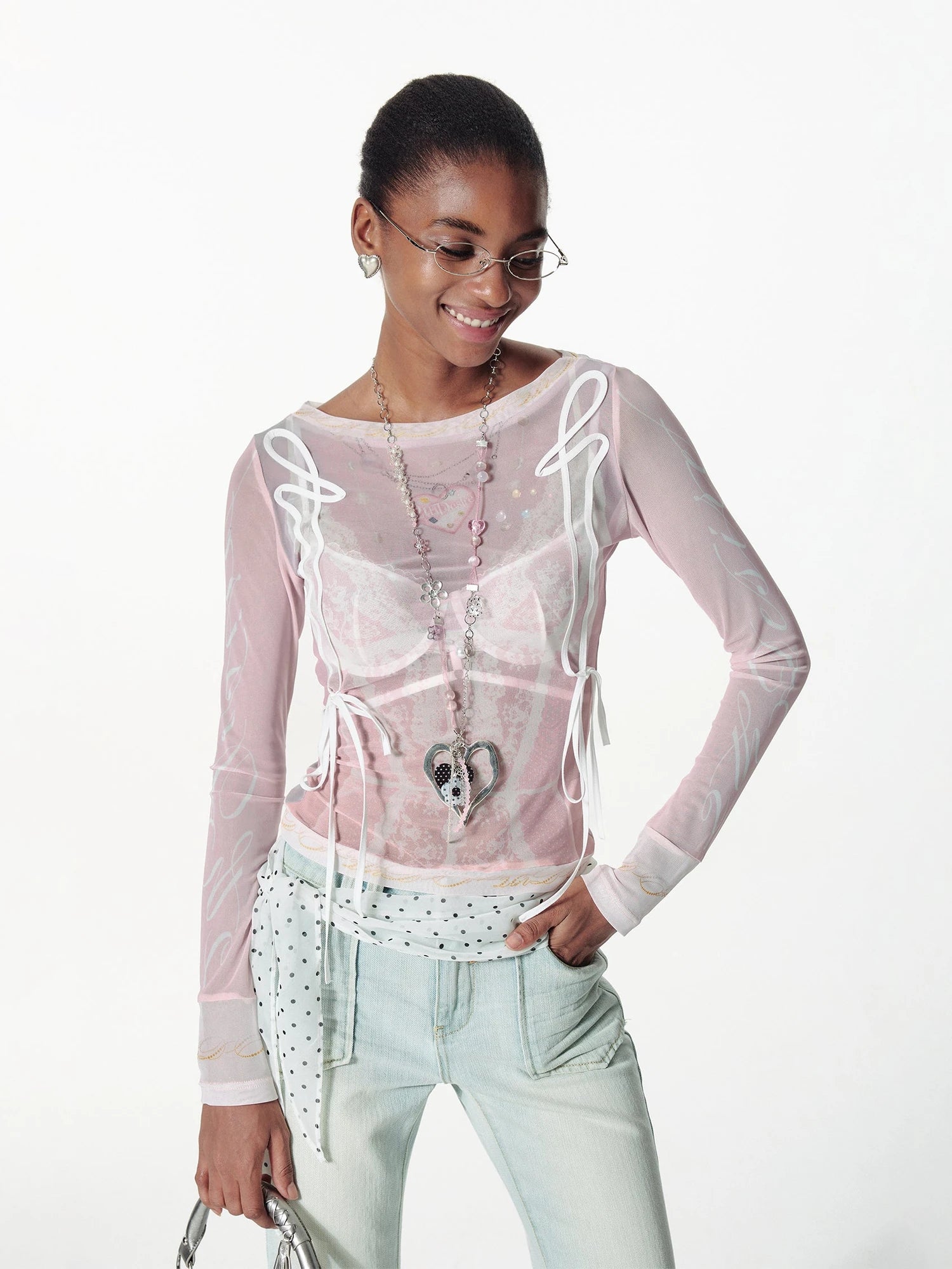 Lace Mesh Neckline Printed Sheer Sunshade Long Sleeve T-Shirt