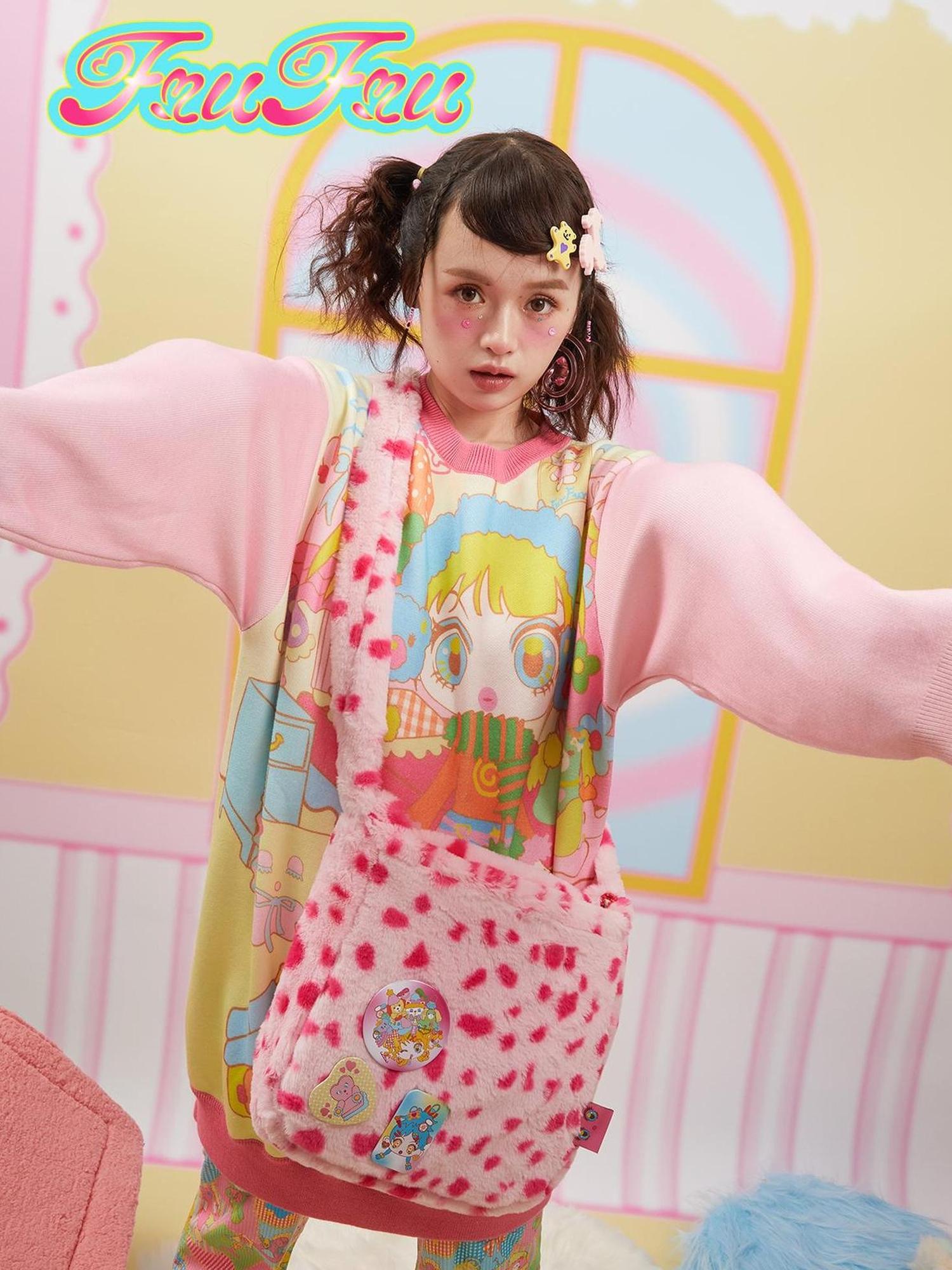 Frufru Gulu Pink Leopard Faux Fur Crossbody Bag With Brooch