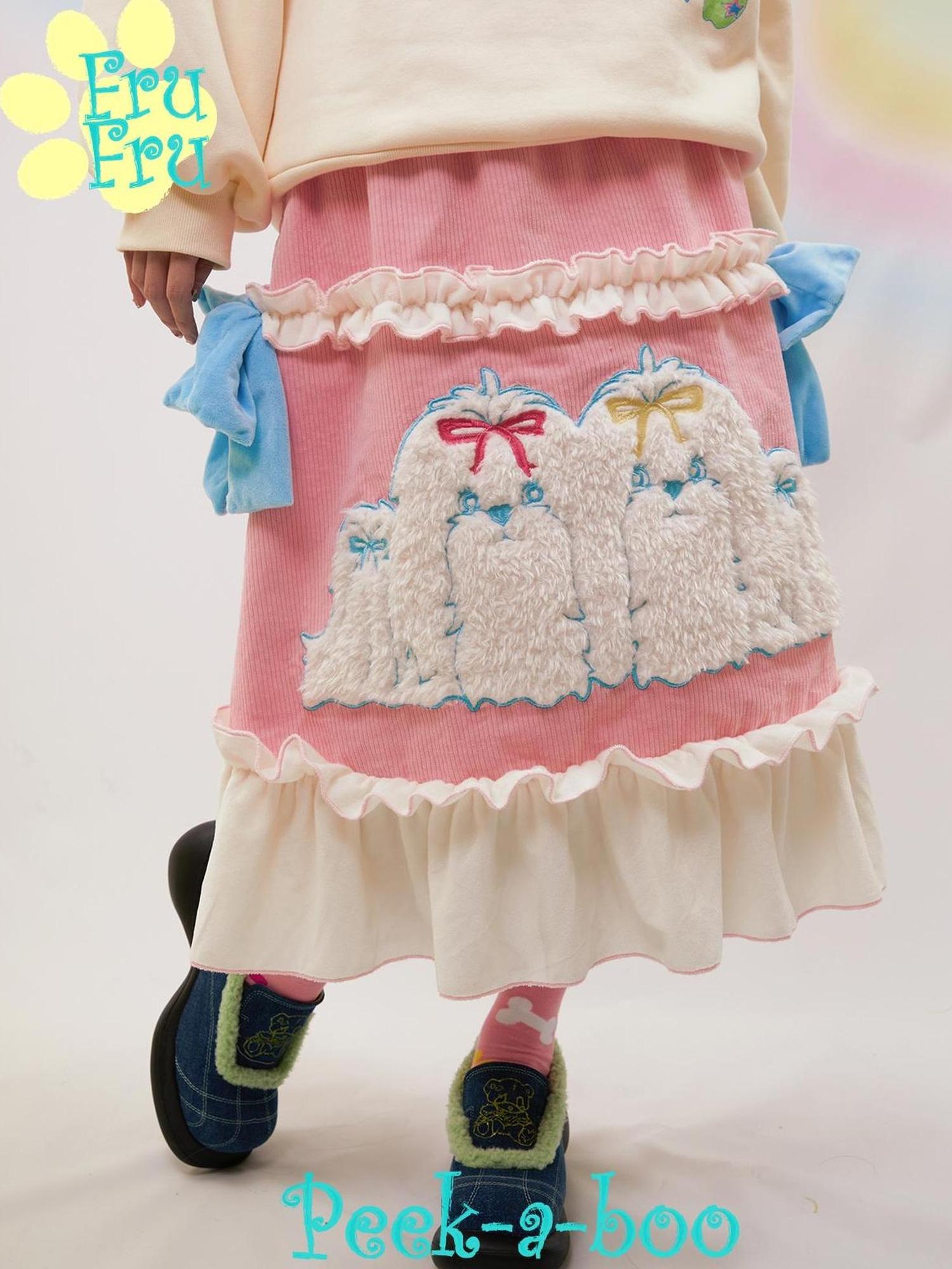 Pink Poodle Corduroy Lace Dress With Heart Embroidery