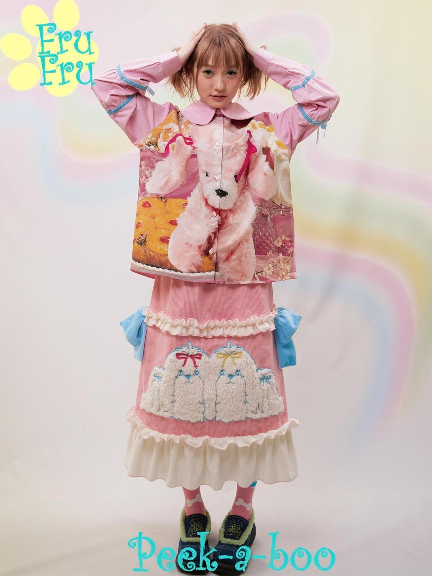 Pink Poodle Corduroy Lace Dress With Heart Embroidery