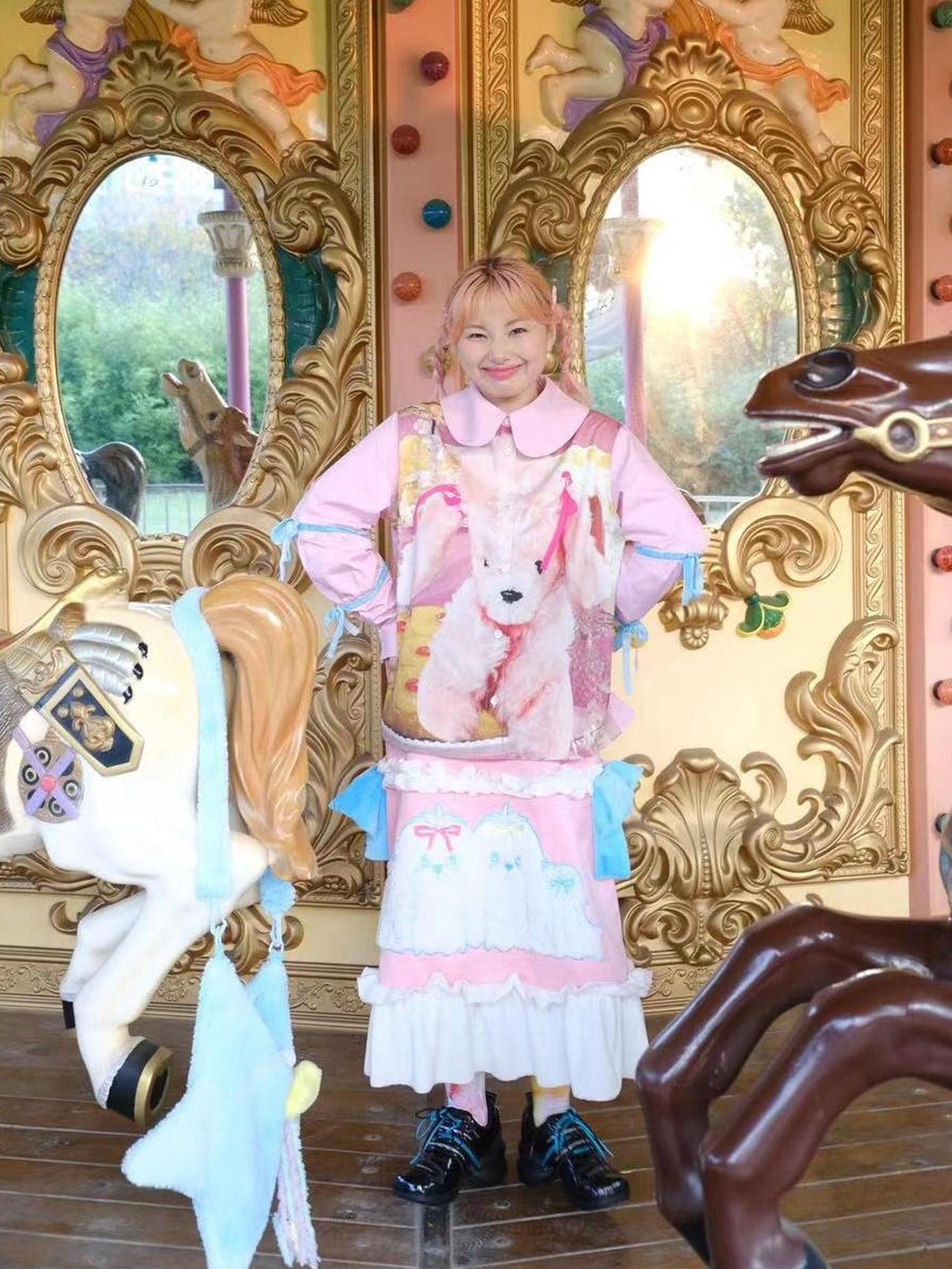 Pink Poodle Corduroy Lace Dress With Heart Embroidery