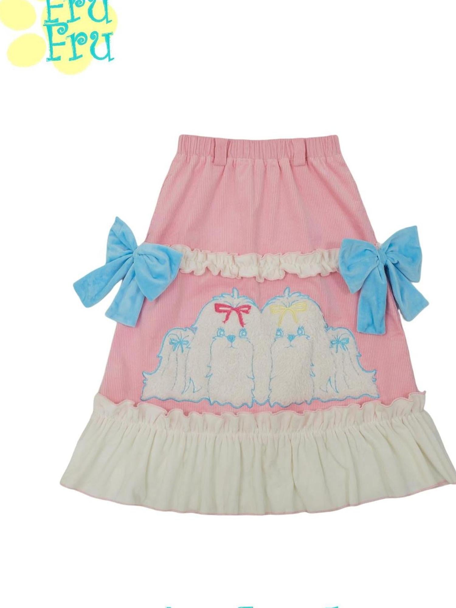 Pink Poodle Corduroy Lace Dress With Heart Embroidery