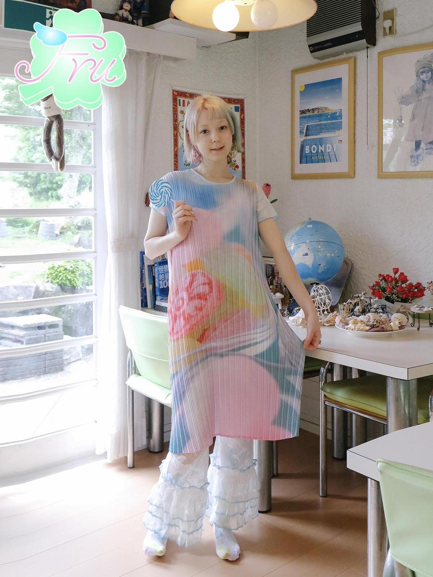 Frufru Gulu Pink Puppy Print Pleated Summer Dress For Girls