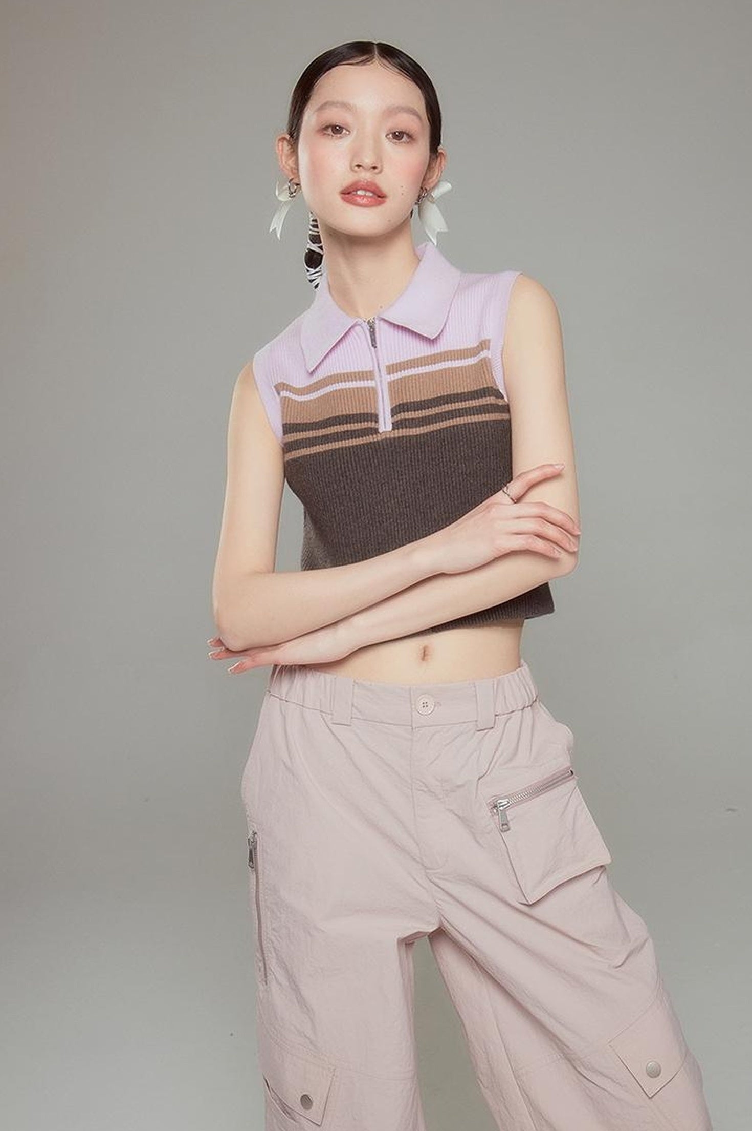 DIDDI MODA Pink Stripe Polo Knit Vest Spring Layering Essential