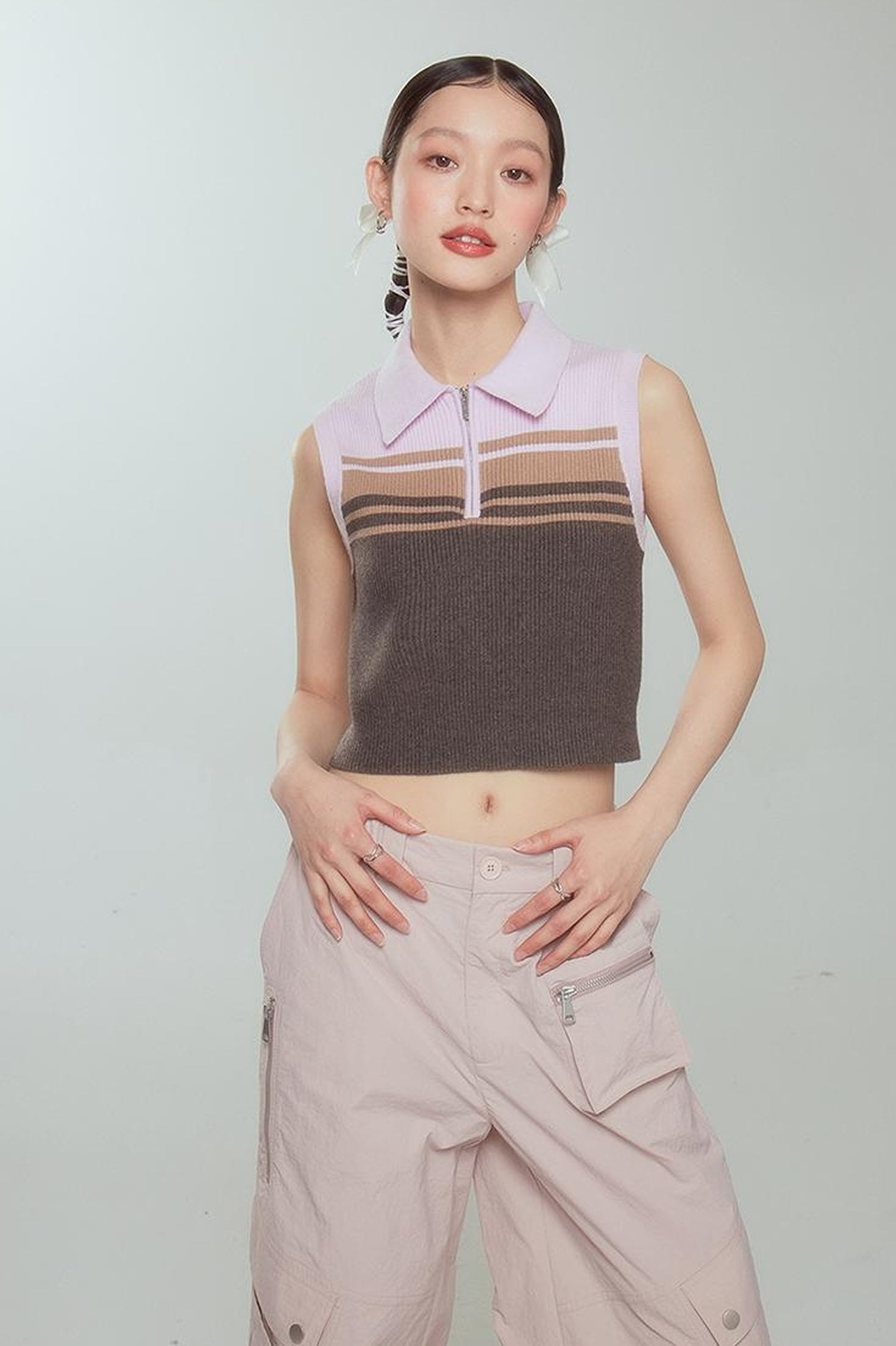 DIDDI MODA Pink Stripe Polo Knit Vest Spring Layering Essential