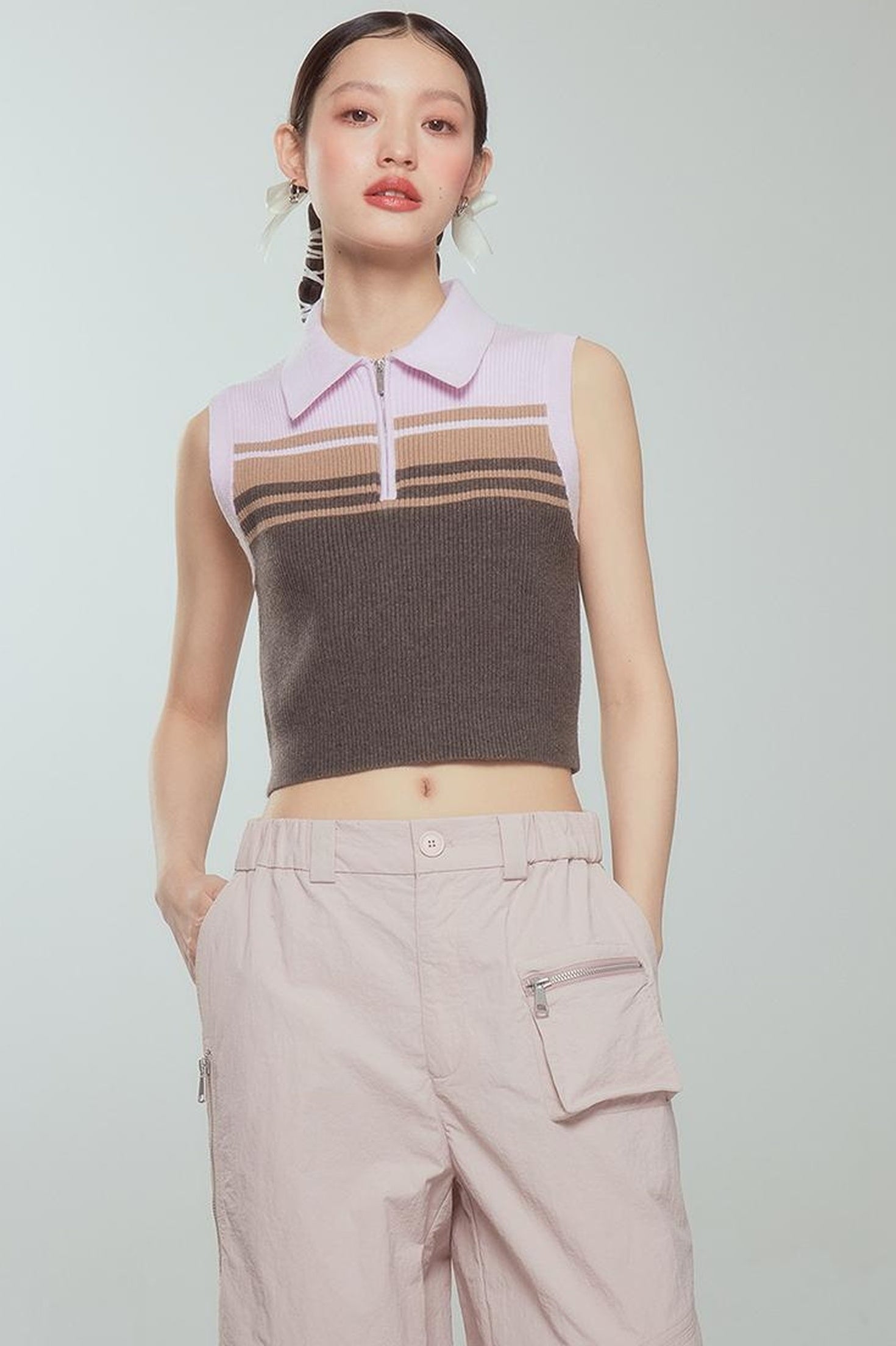 DIDDI MODA Pink Stripe Polo Knit Vest Spring Layering Essential