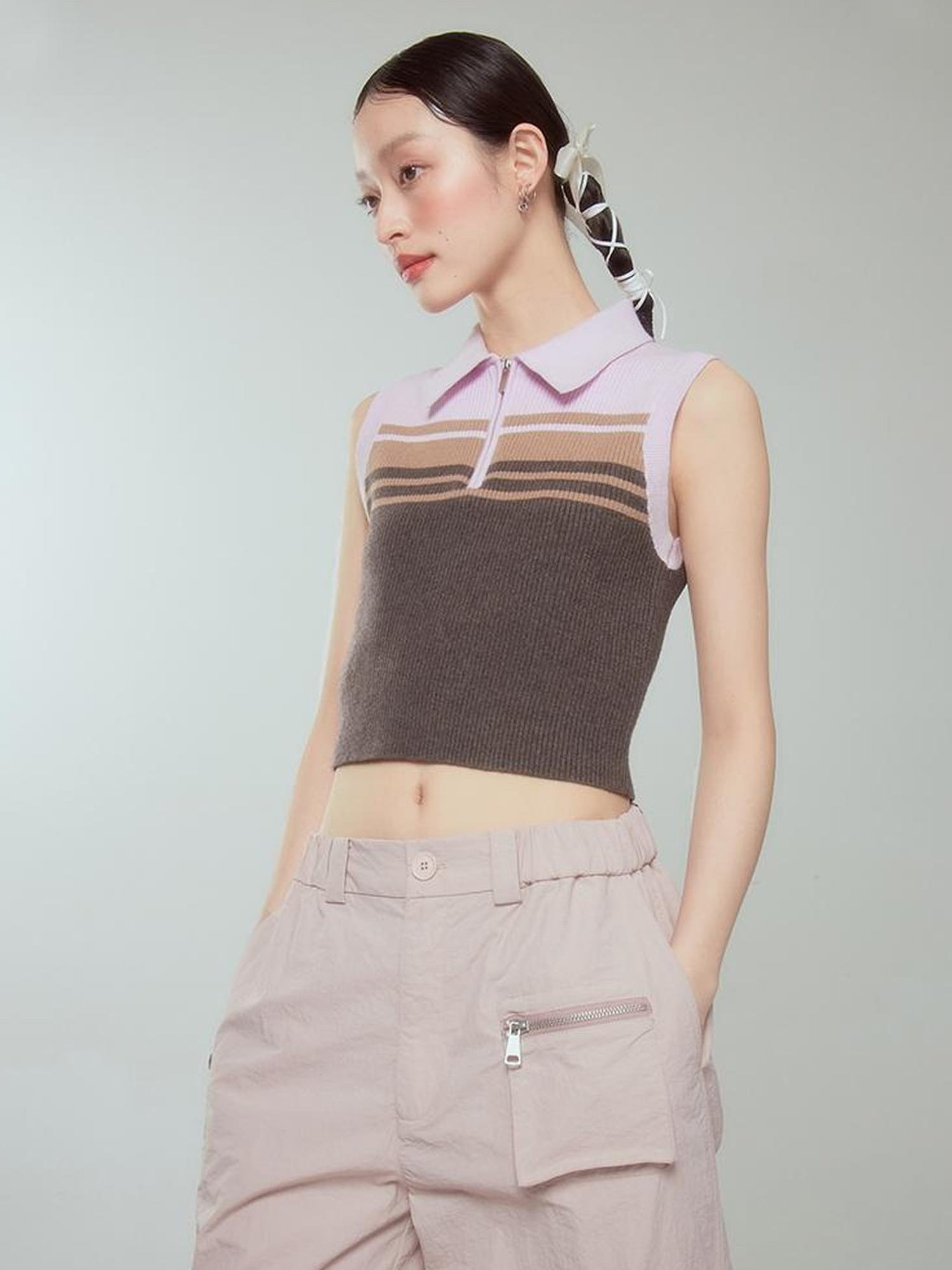 DIDDI MODA Pink Stripe Polo Knit Vest Spring Layering Essential